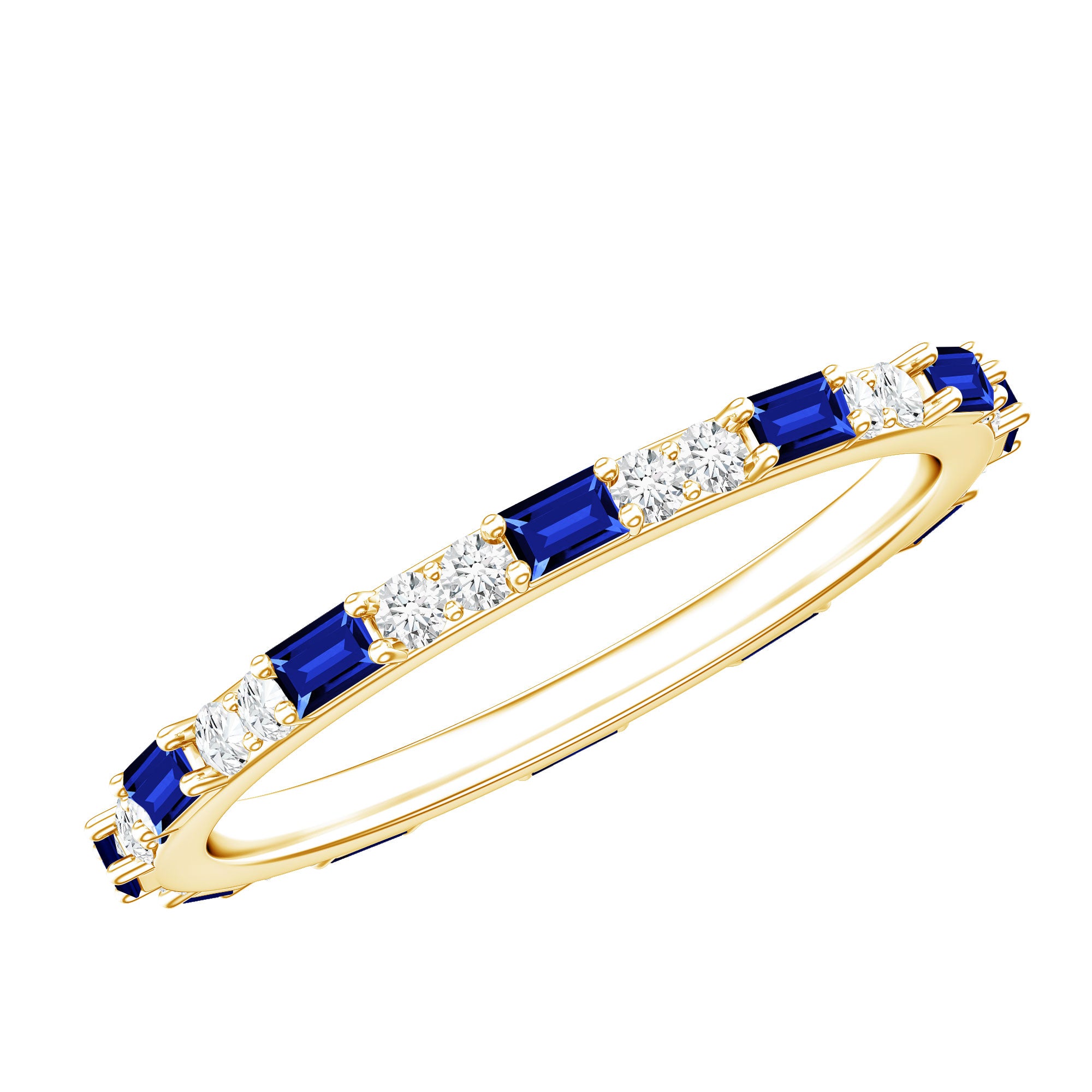 Certified Baguette Lab Blue Sapphire Eternity Ring with Diamond AAAA - Rosec Jewels