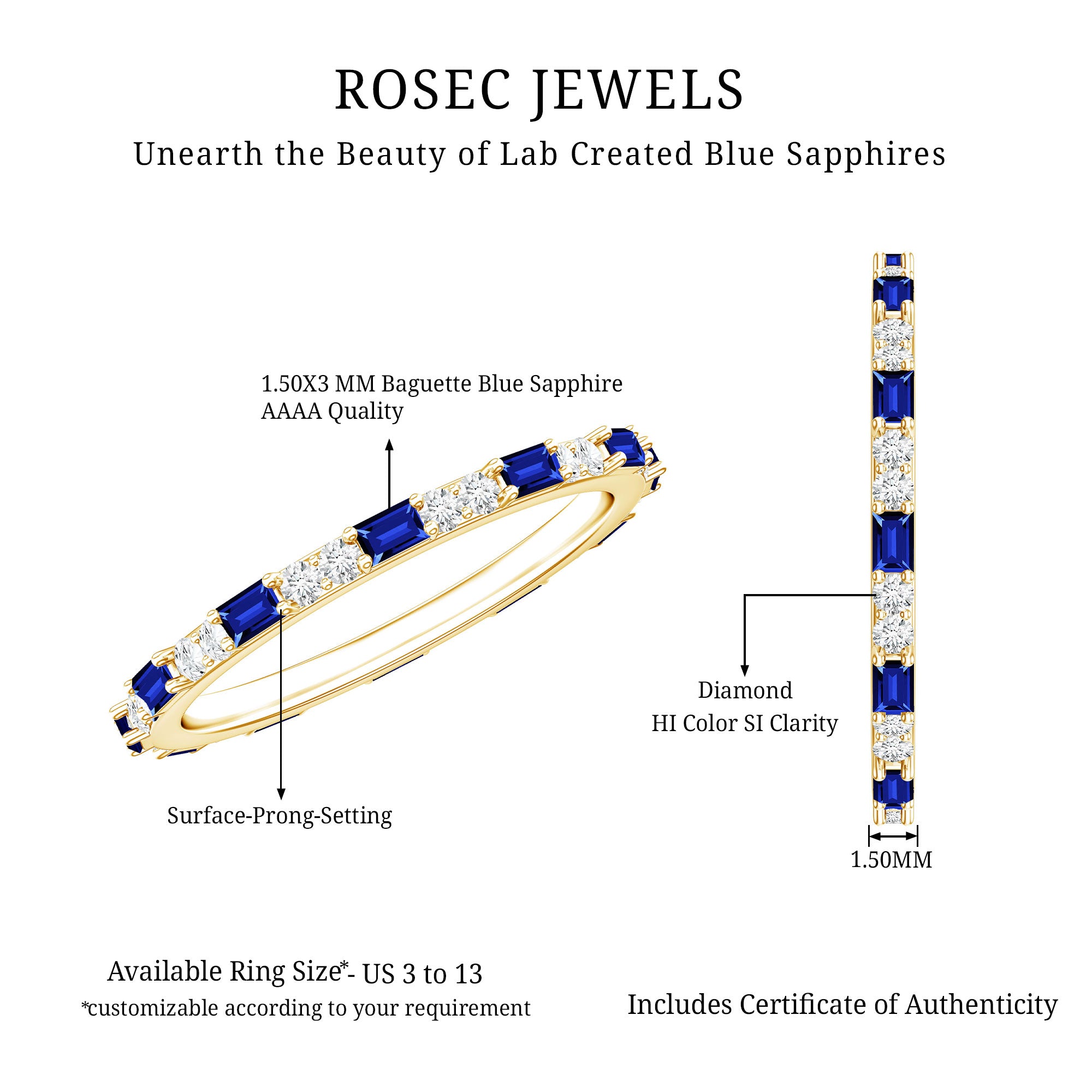 Certified Baguette Lab Blue Sapphire Eternity Ring with Diamond AAAA - Rosec Jewels