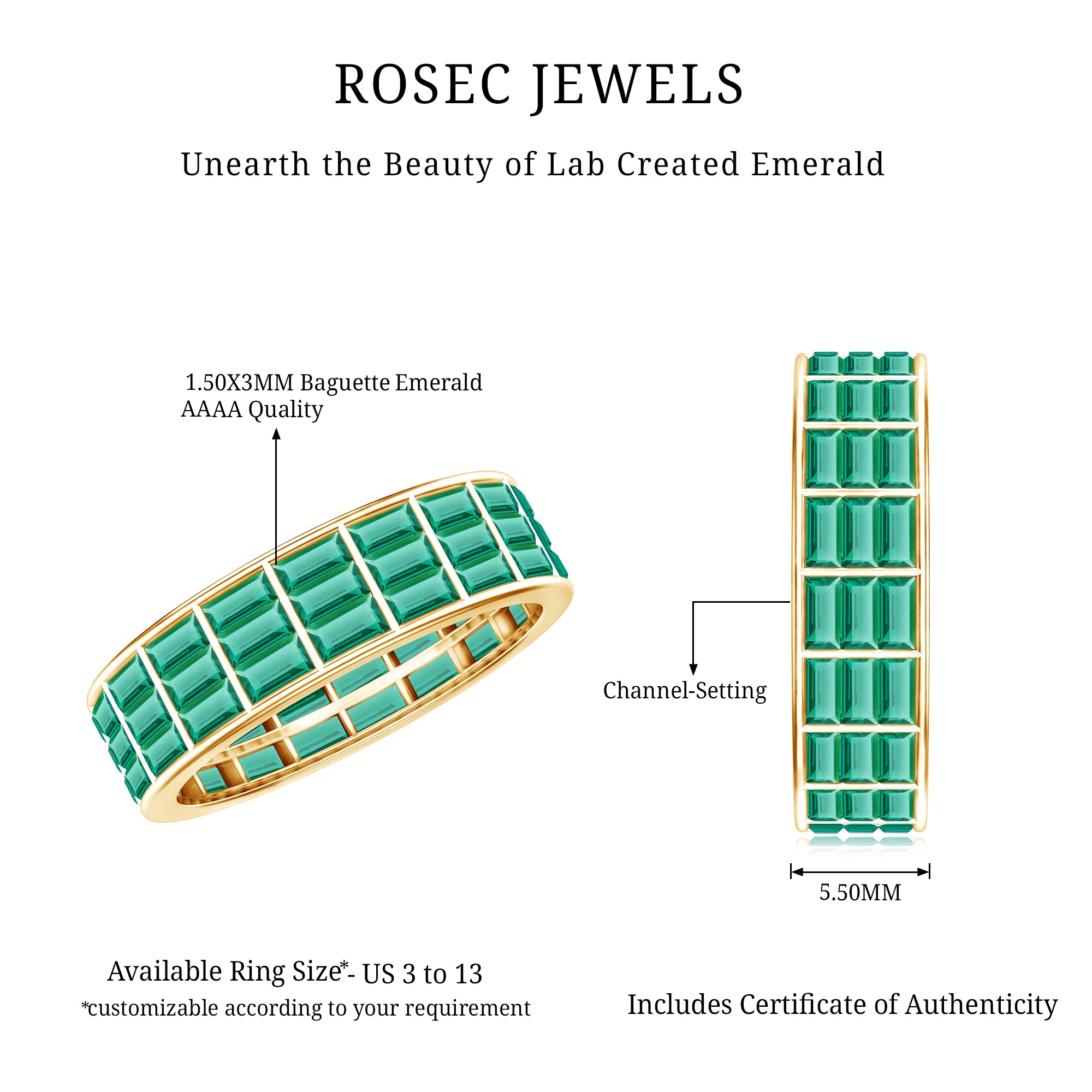 Baguette Cut Lab Grown Emerald 3 Row Eternity Band AAAA - Rosec Jewels
