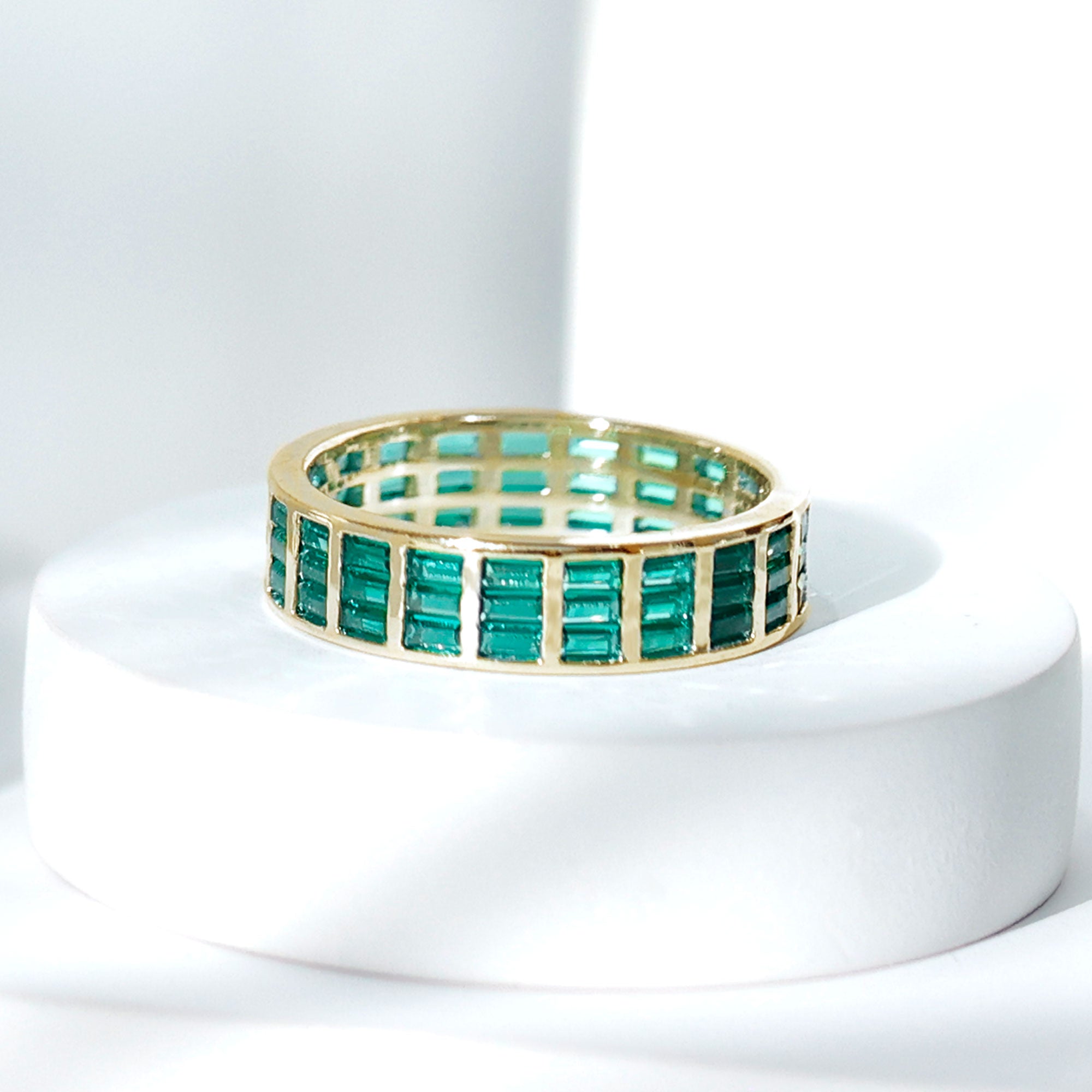 Baguette Cut Lab Grown Emerald 3 Row Eternity Band AAAA - Rosec Jewels