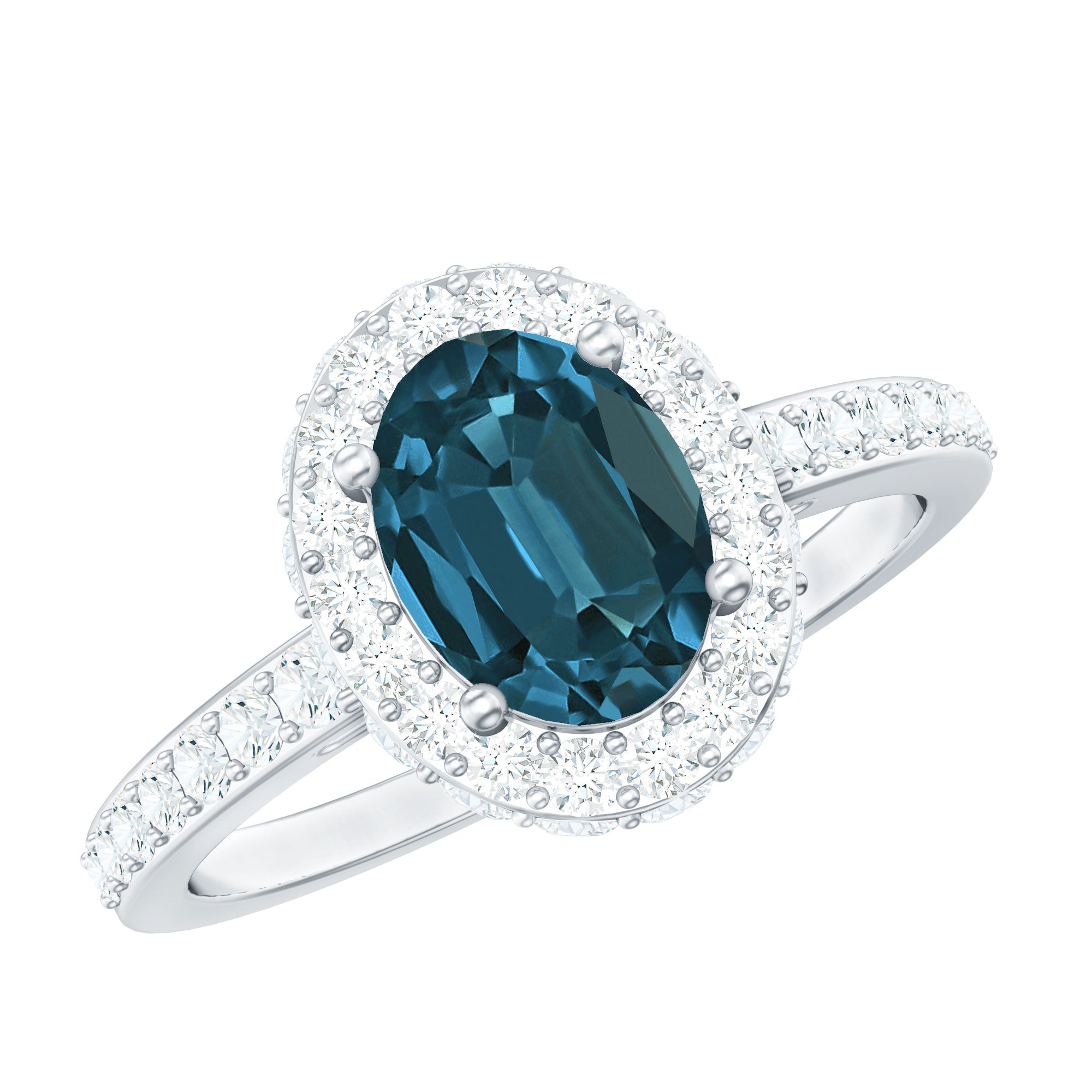 Genuine London Blue Topaz Classic Engagement Ring with Moissanite Halo