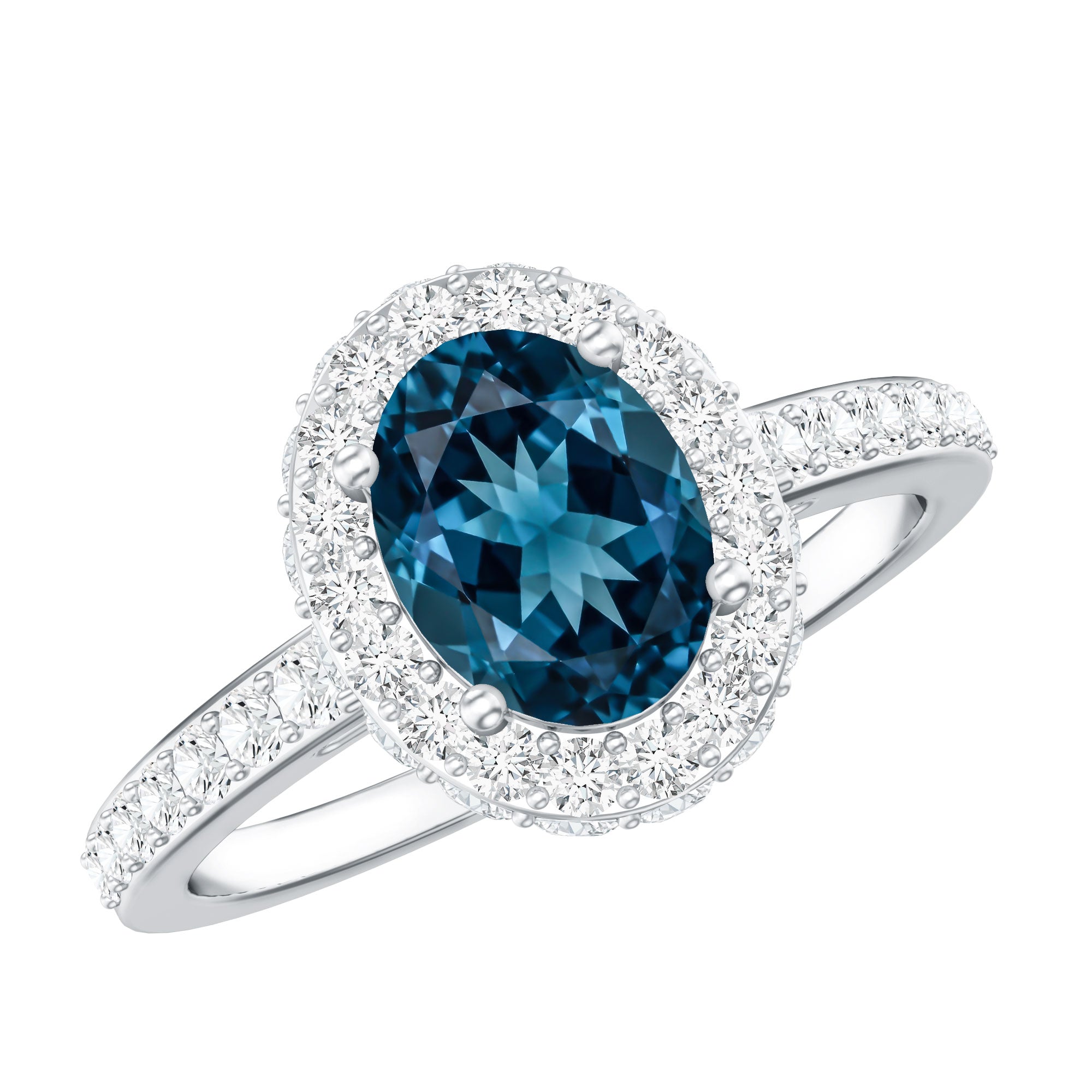 Genuine London Blue Topaz Classic Engagement Ring with Moissanite Halo AAA - Rosec Jewels