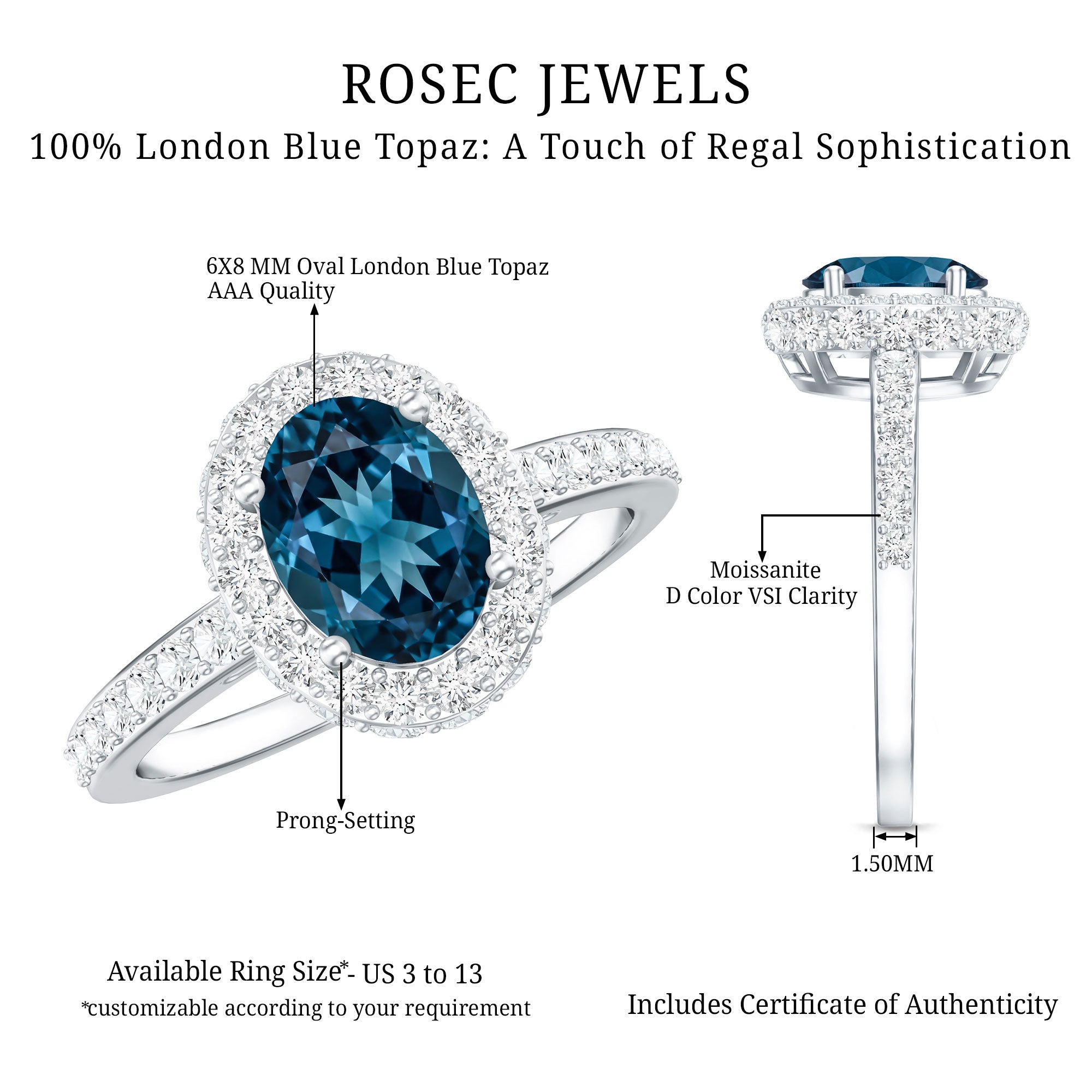 Genuine London Blue Topaz Classic Engagement Ring with Moissanite Halo AAA - Rosec Jewels
