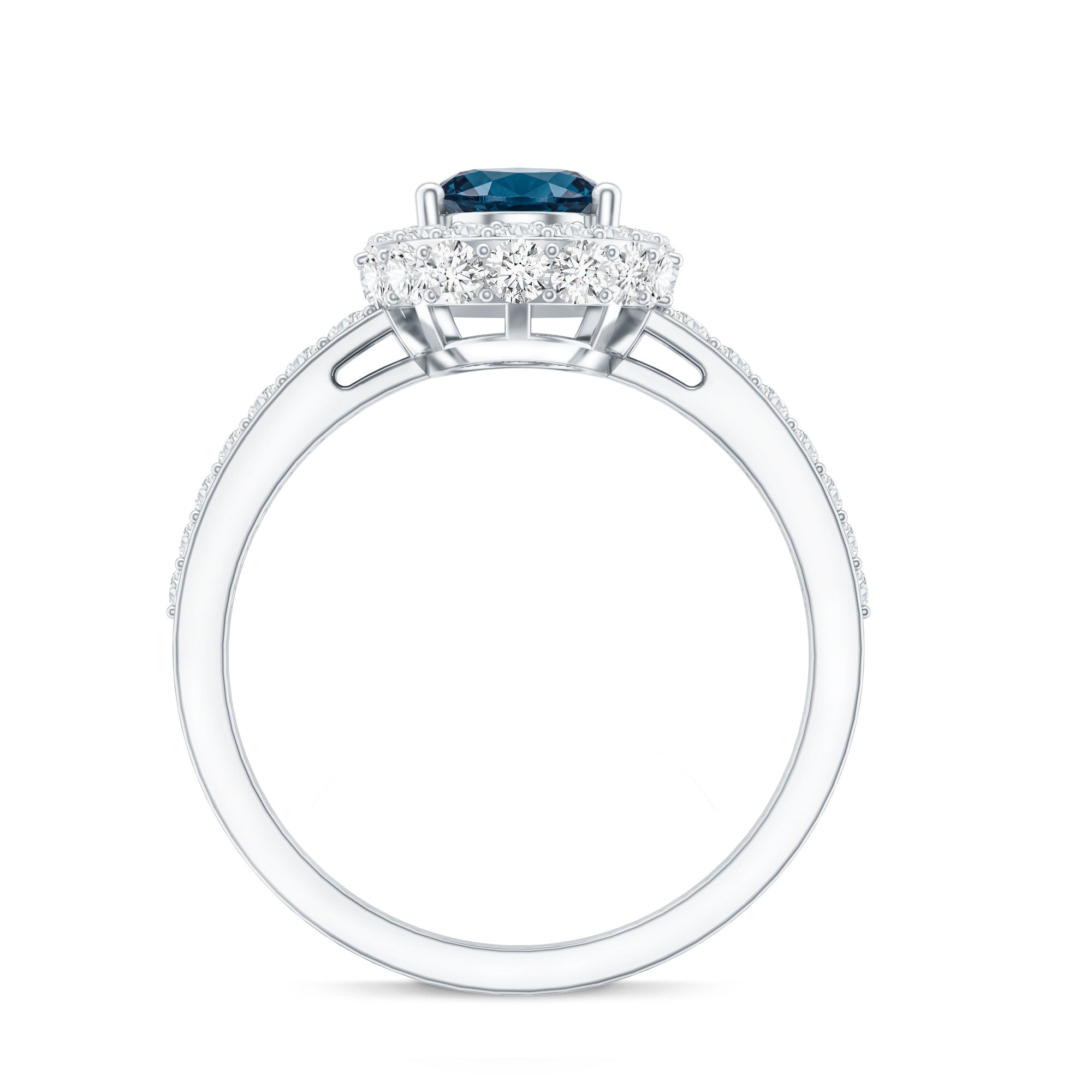 Genuine London Blue Topaz Classic Engagement Ring with Moissanite Halo AAA - Rosec Jewels