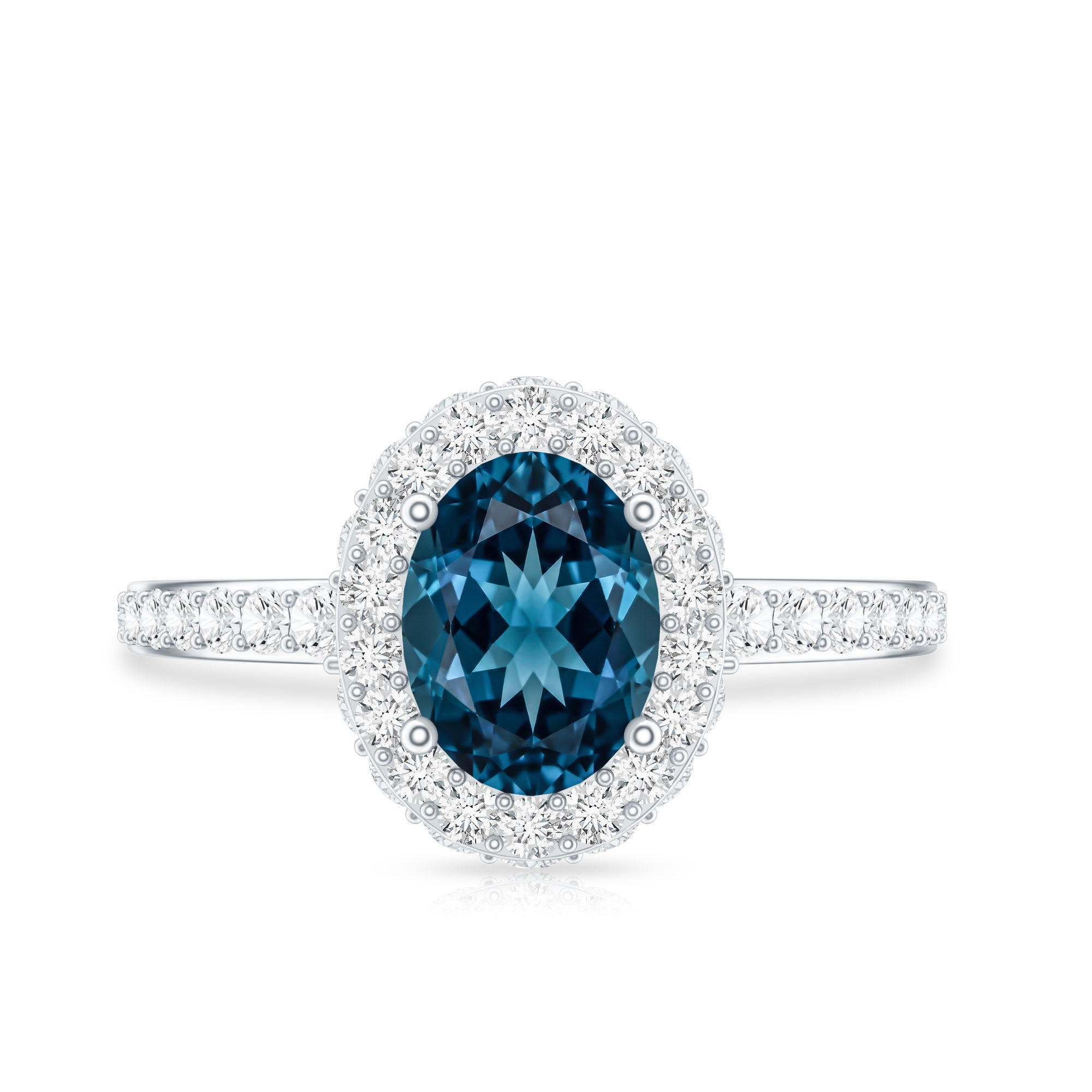 Genuine London Blue Topaz Classic Engagement Ring with Moissanite Halo AAA - Rosec Jewels