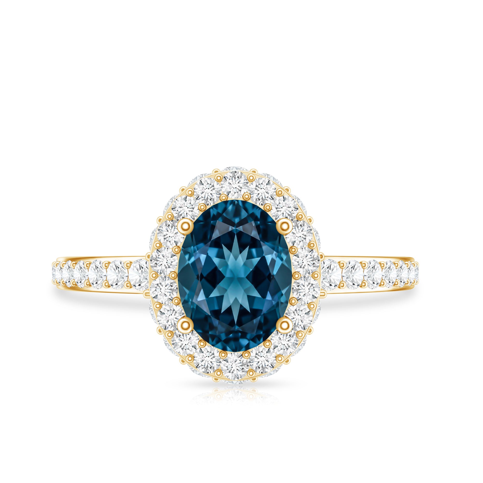 Genuine London Blue Topaz Classic Engagement Ring with Moissanite Halo AAA - Rosec Jewels