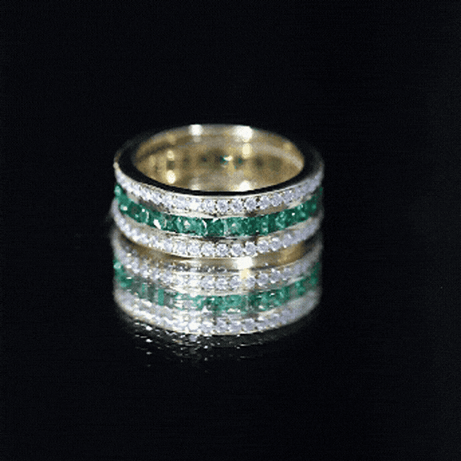 Three Row Lab Created Emerald and Moissanite Wedding Band AAAA 14K Yellow Gold Plated Silver - Rosec Jewels
