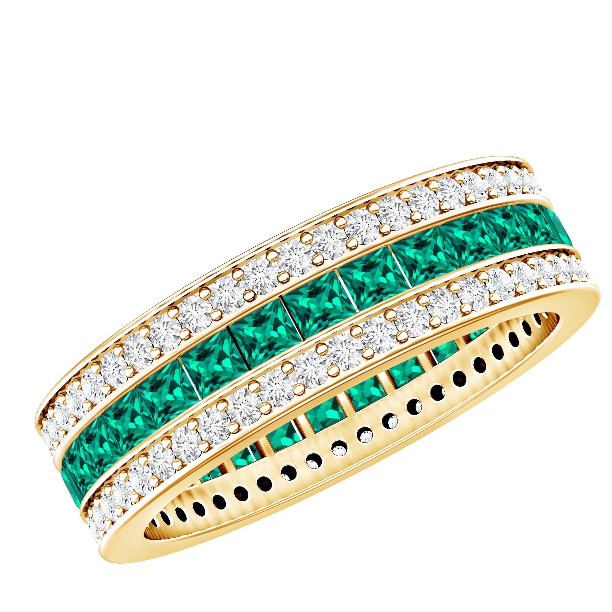 Three Row Lab Created Emerald and Moissanite Wedding Band AAAA 14K Yellow Gold Plated Silver - Rosec Jewels