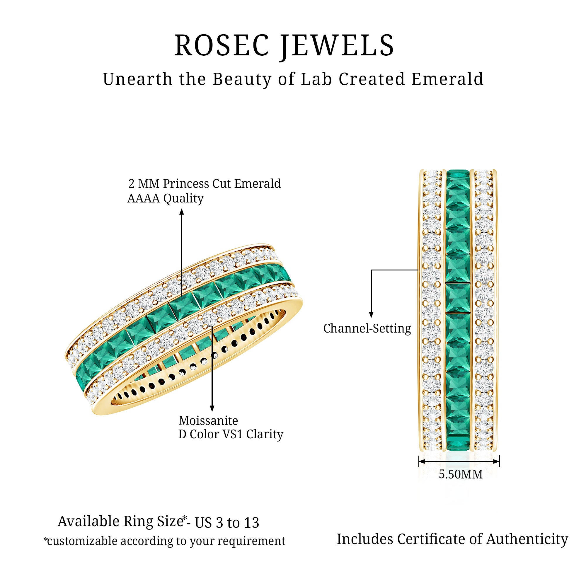 Three Row Lab Created Emerald and Moissanite Wedding Band AAAA 14K Yellow Gold Plated Silver - Rosec Jewels