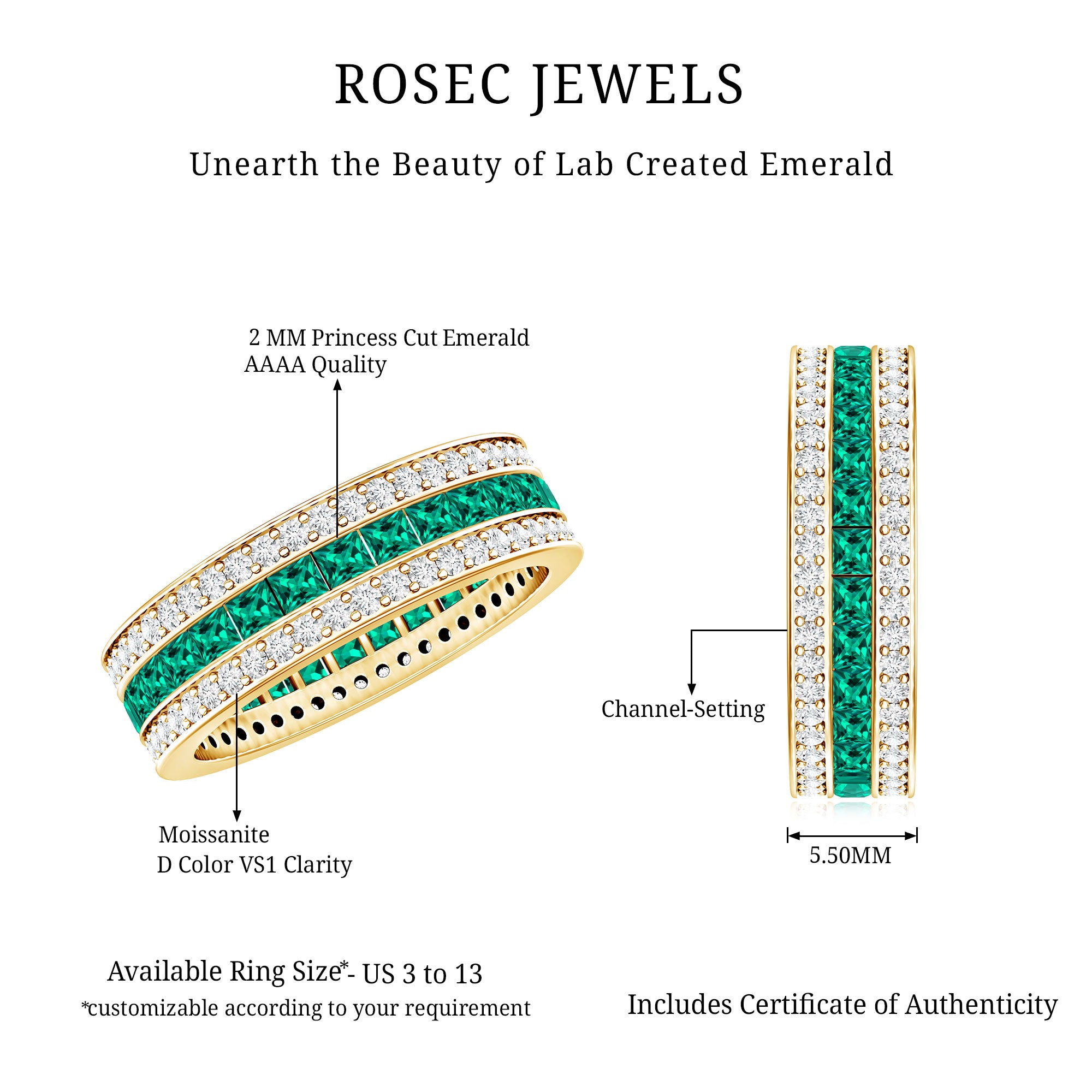 Three Row Lab Created Emerald and Moissanite Wedding Band AAAA 14K Yellow Gold Plated Silver - Rosec Jewels