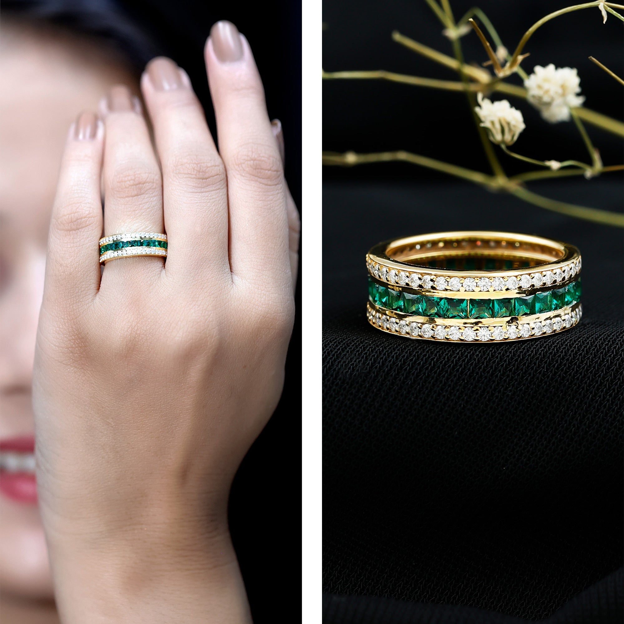 Three Row Lab Created Emerald and Moissanite Wedding Band AAAA 14K Yellow Gold Plated Silver - Rosec Jewels