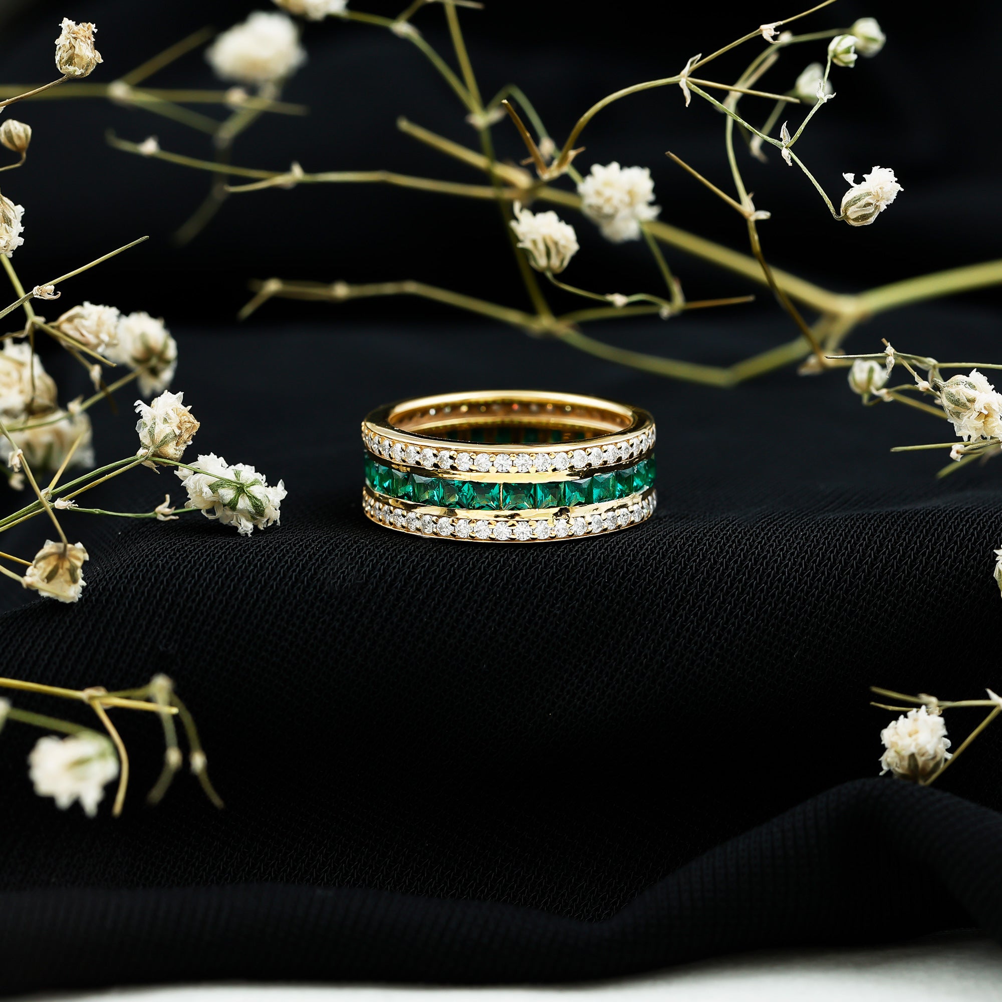 Three Row Lab Created Emerald and Moissanite Wedding Band AAAA 14K Yellow Gold Plated Silver - Rosec Jewels