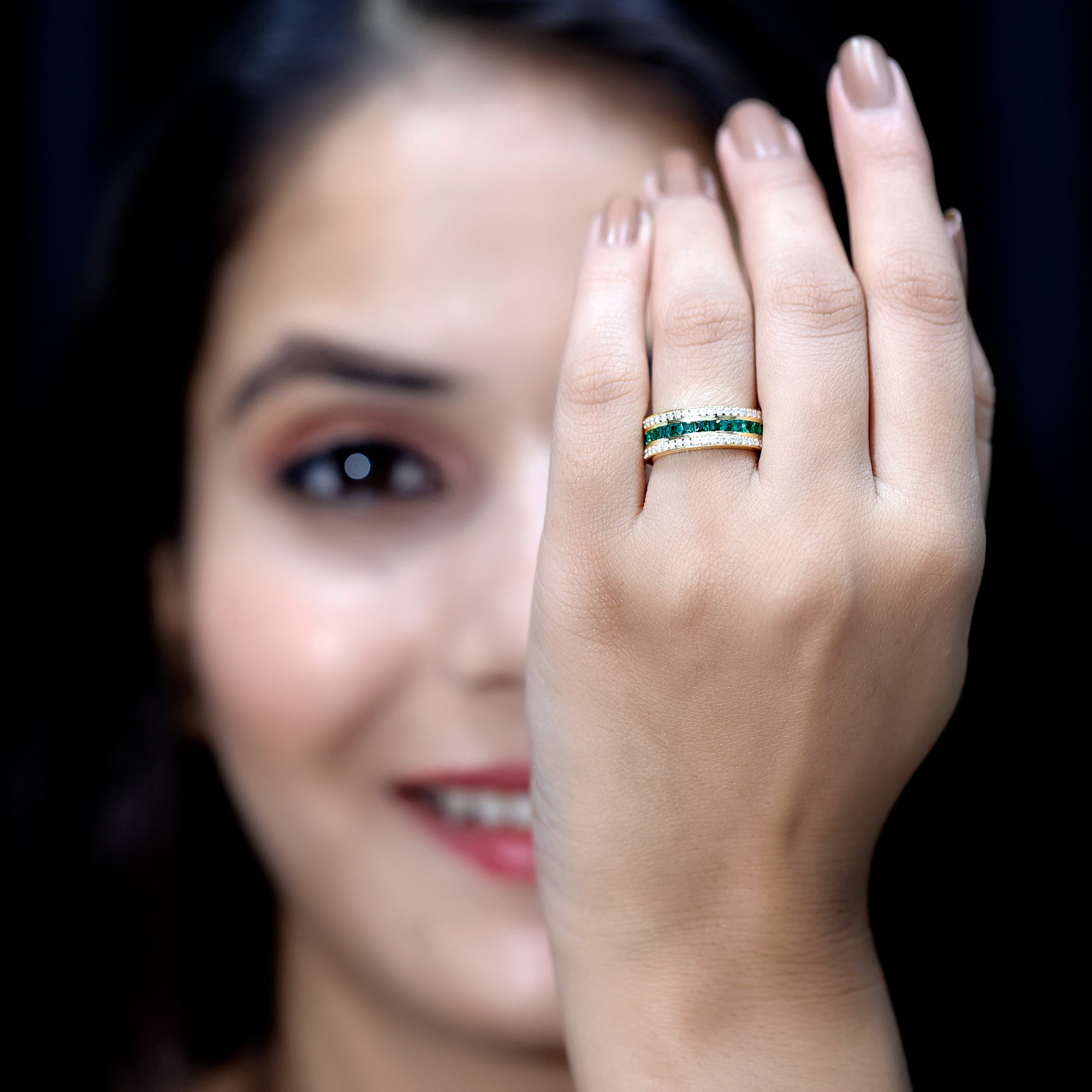 Three Row Lab Created Emerald and Moissanite Wedding Band AAAA 14K Yellow Gold Plated Silver - Rosec Jewels