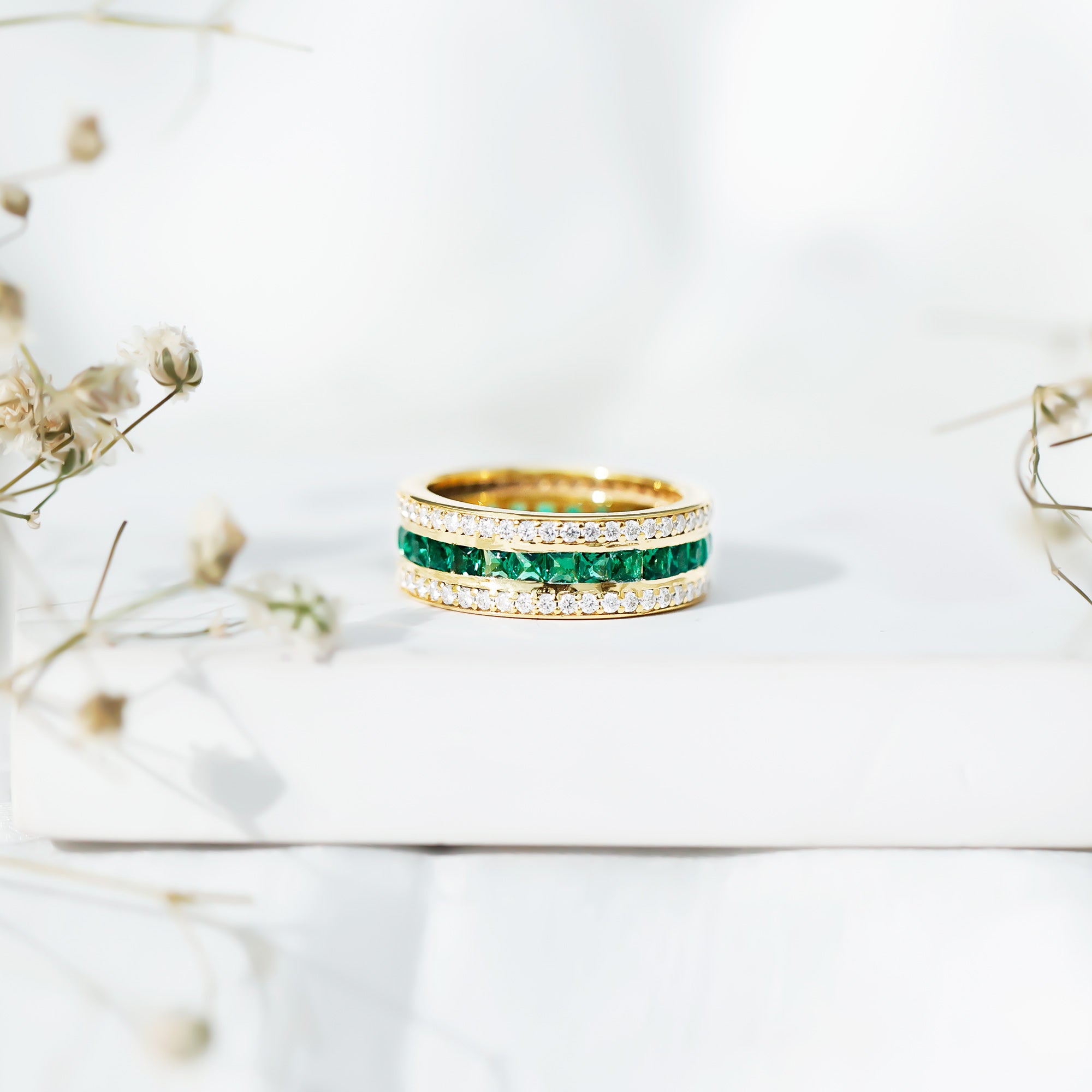 Three Row Lab Created Emerald and Moissanite Wedding Band AAAA 14K Yellow Gold Plated Silver - Rosec Jewels