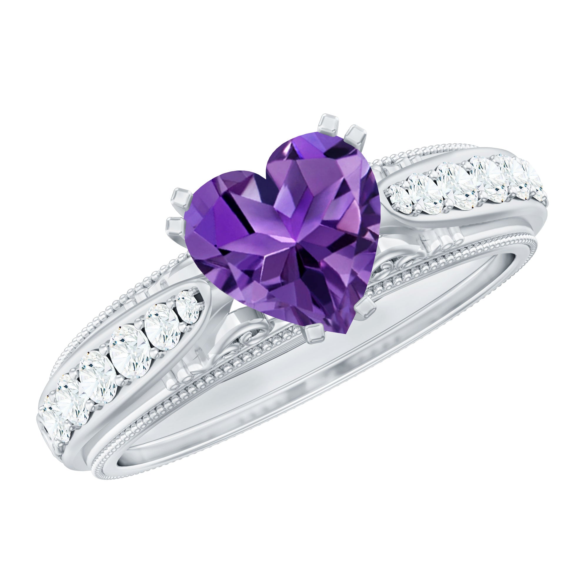 Vintage Style Amethyst Heart Engagement Ring with Diamond