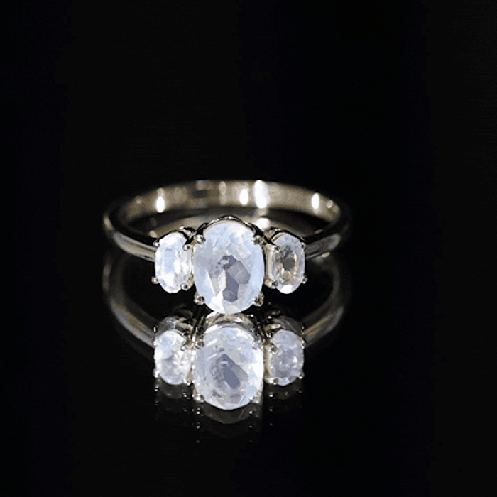 Natural Moonstone Three Stone Oval Engagement Ring AAA - Rosec Jewels