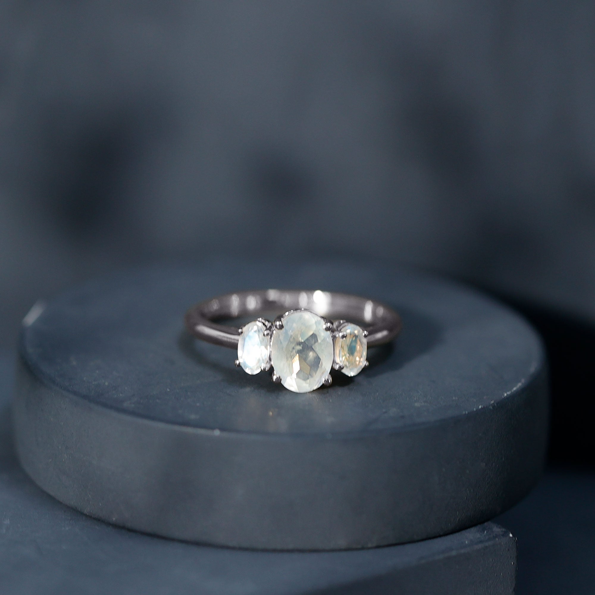 Natural Moonstone Three Stone Oval Engagement Ring AAA - Rosec Jewels