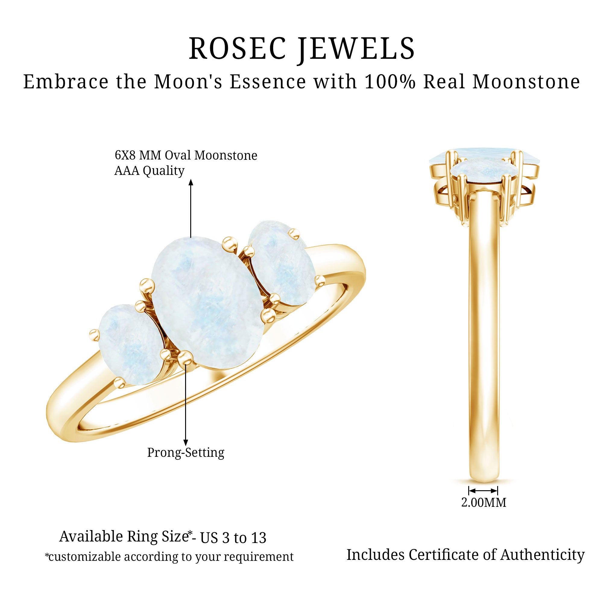 Natural Moonstone Three Stone Oval Engagement Ring AAA - Rosec Jewels