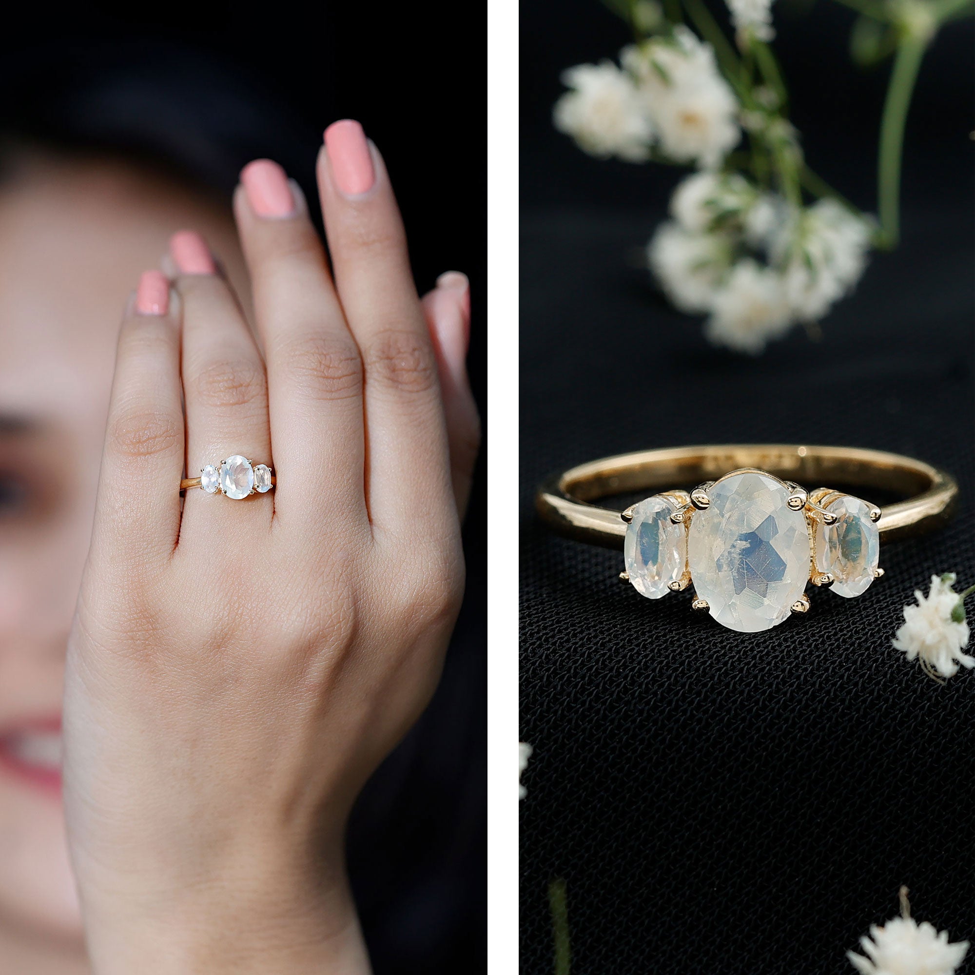 Natural Moonstone Three Stone Oval Engagement Ring AAA - Rosec Jewels