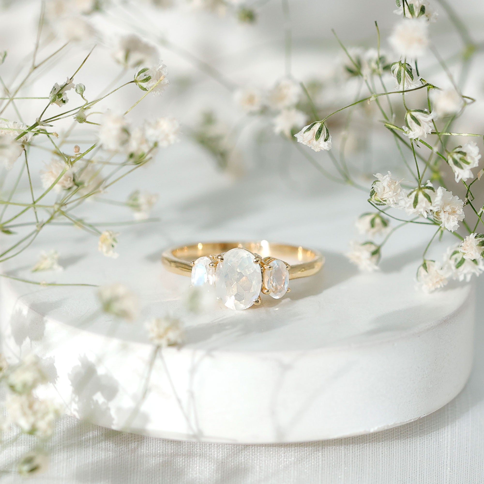 Natural Moonstone Three Stone Oval Engagement Ring AAA - Rosec Jewels