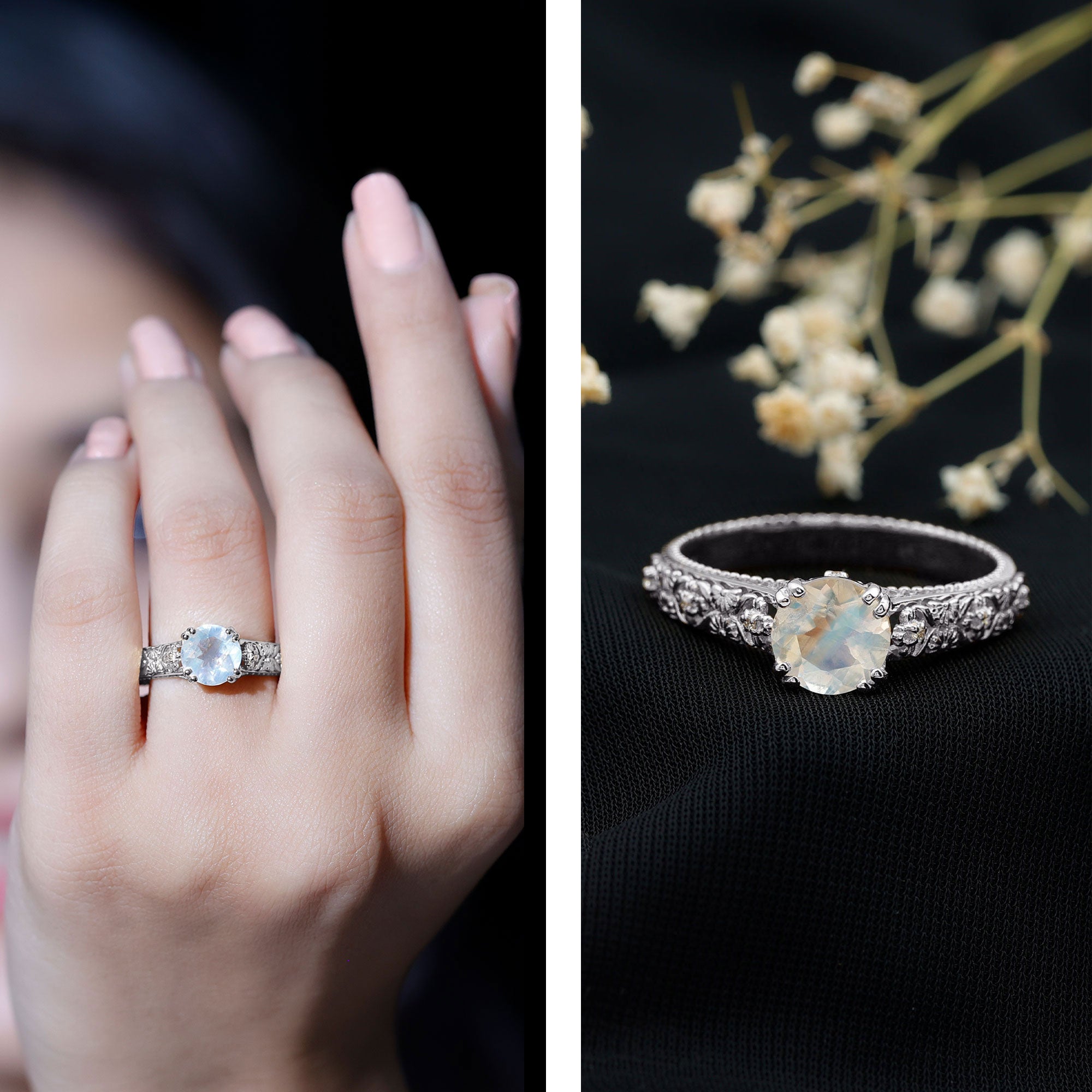 Vintage Style Moonstone and Diamond Flower Engagement Ring AAA - Rosec Jewels