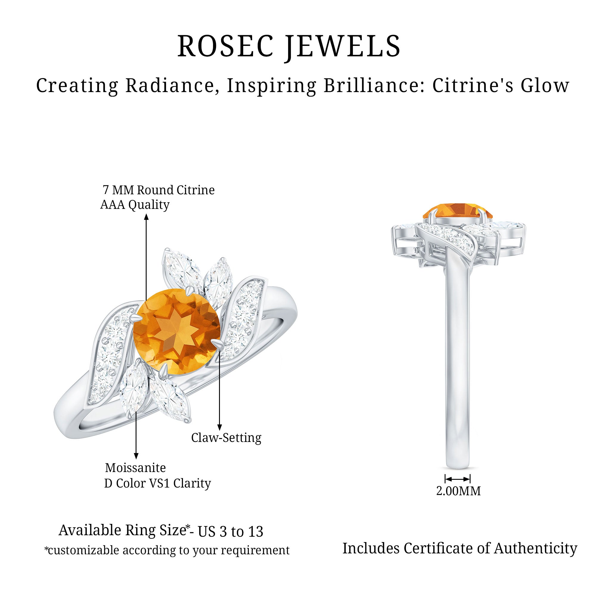 Certified Real 1.2 Carat Citrine Engagement Ring with Moissanite AAA - Rosec Jewels