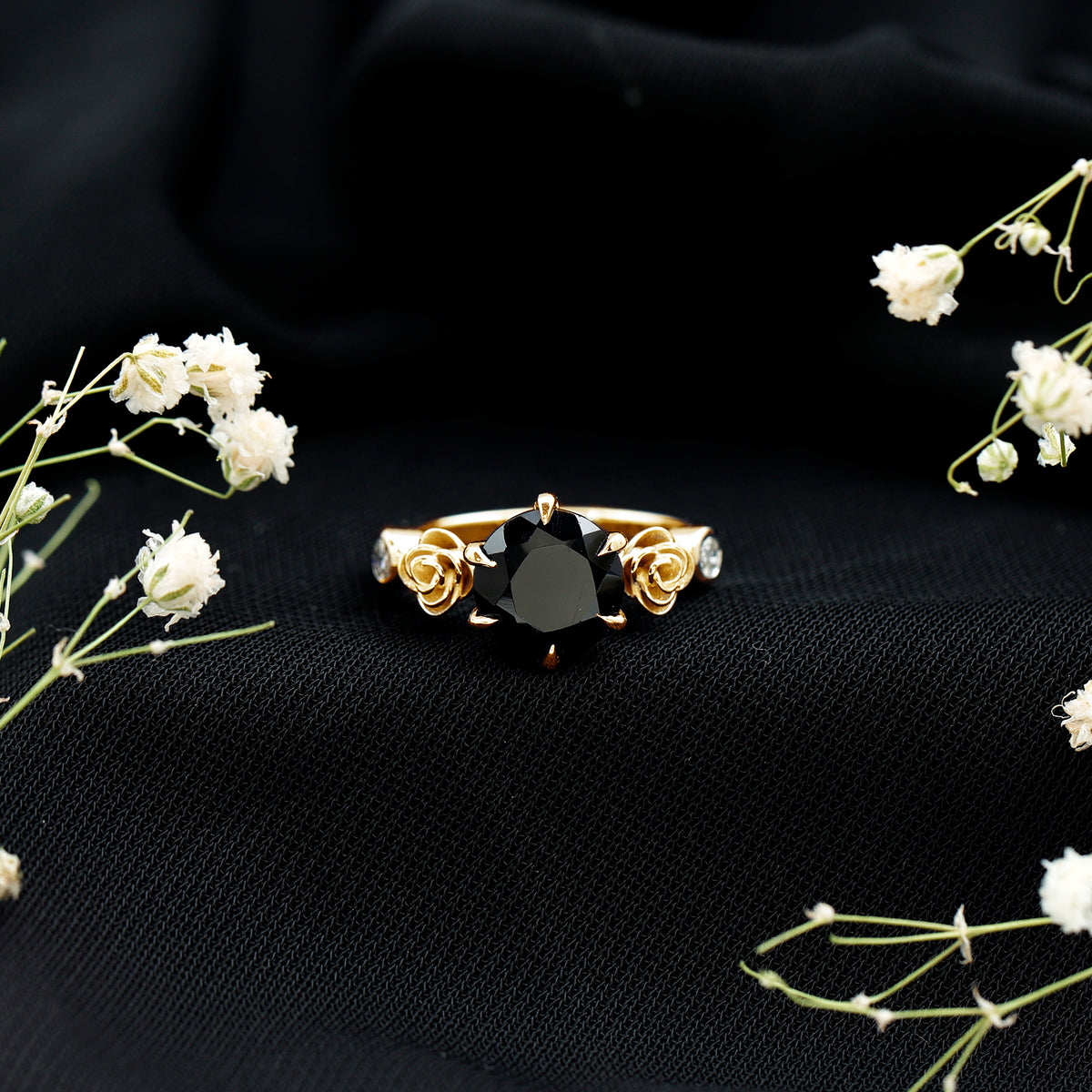 Natural Black Spinel Floral Engagement Ring with Diamond AAA - Rosec Jewels