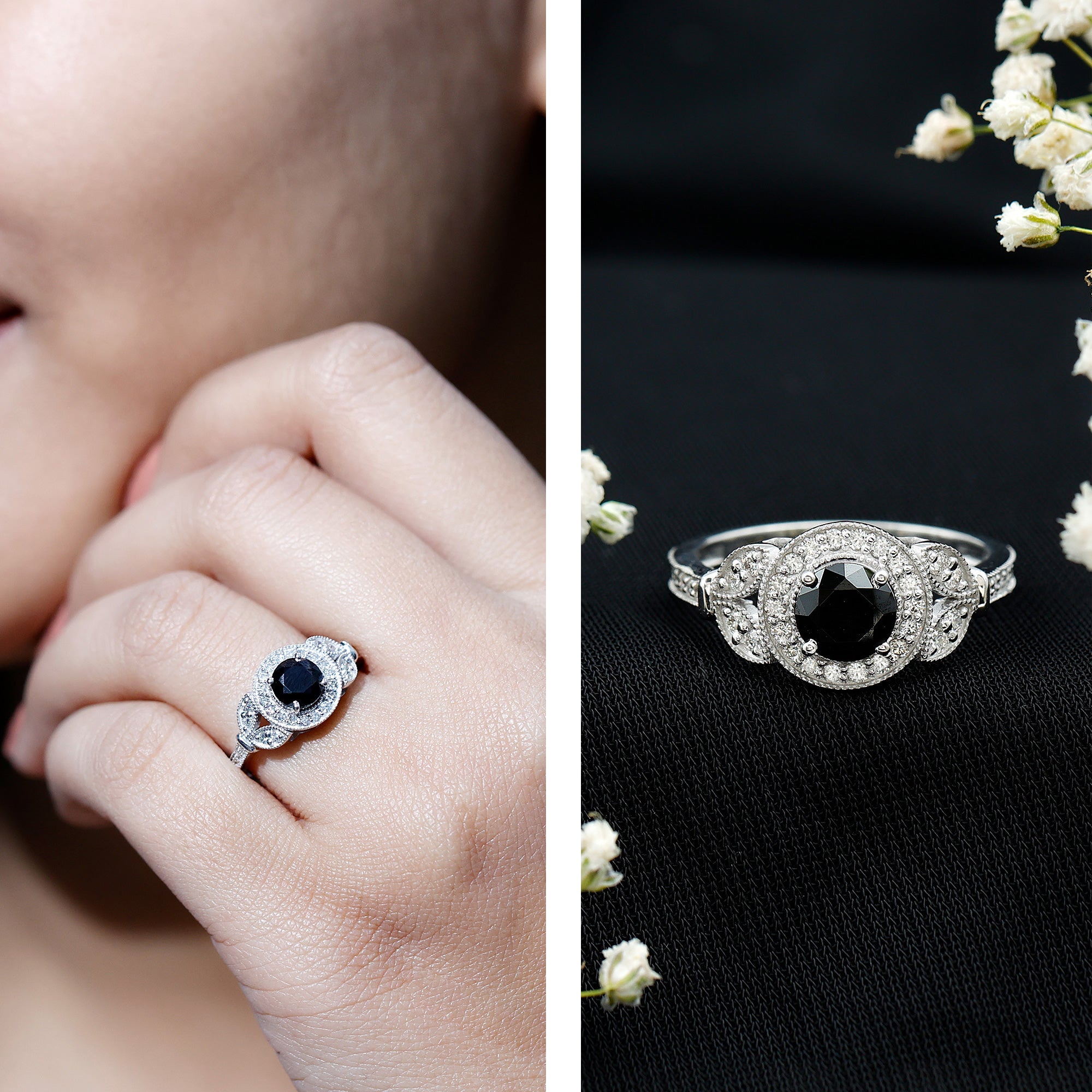 Rosec Jewels-Vintage Looking 1.3 Carat Lab Grown Black Diamond Engagement Ring with White Diamond