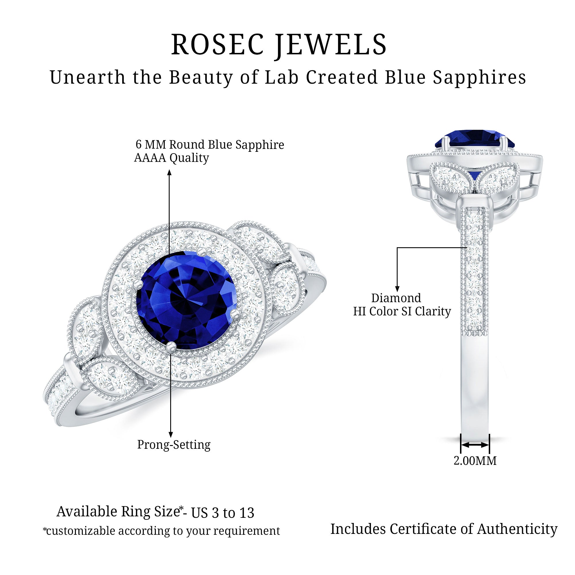 1 Carat Lab Grown Blue Sapphire Engagement Ring with Diamond Floral Halo AAAA - Rosec Jewels