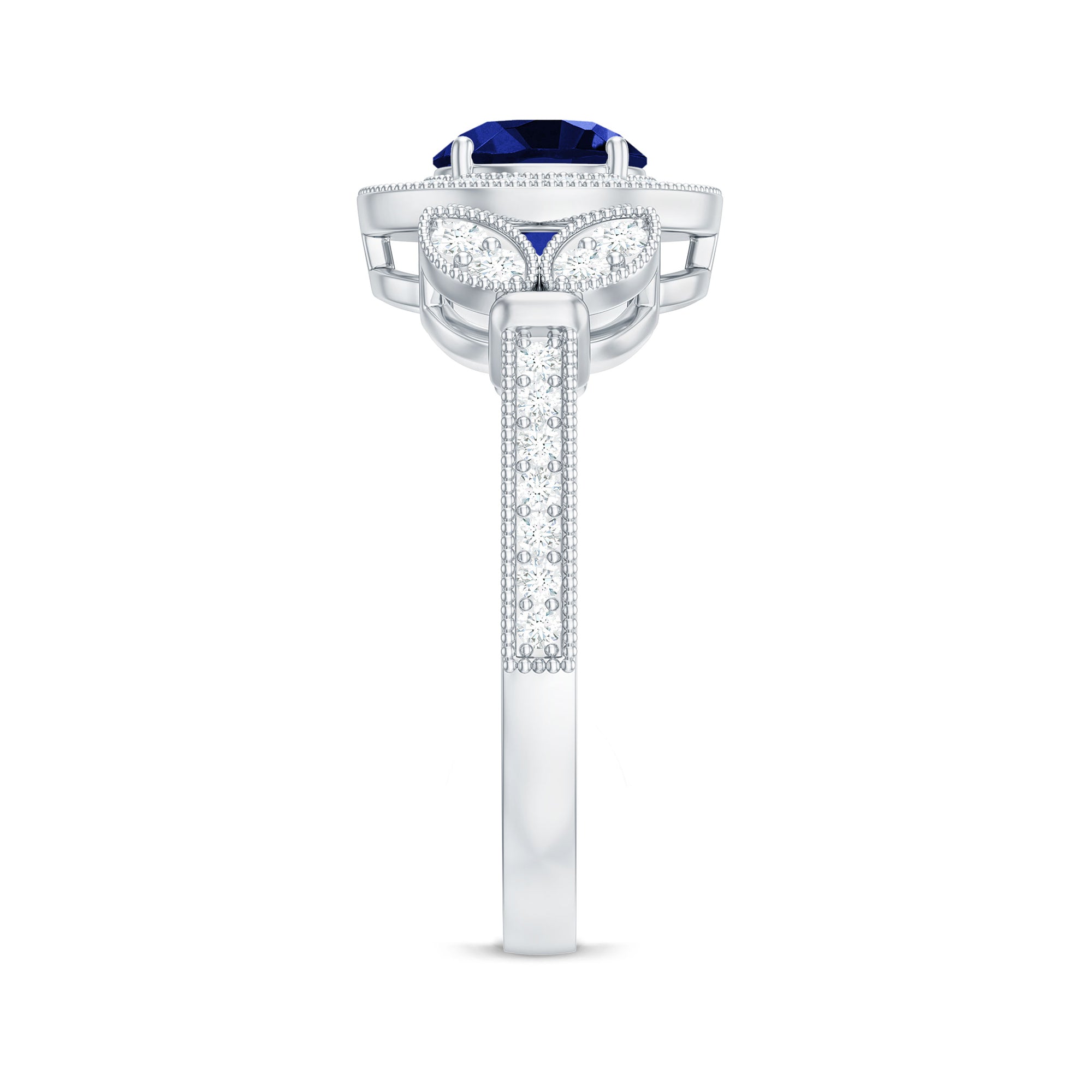 1 Carat Lab Grown Blue Sapphire Engagement Ring with Diamond Floral Halo AAAA - Rosec Jewels