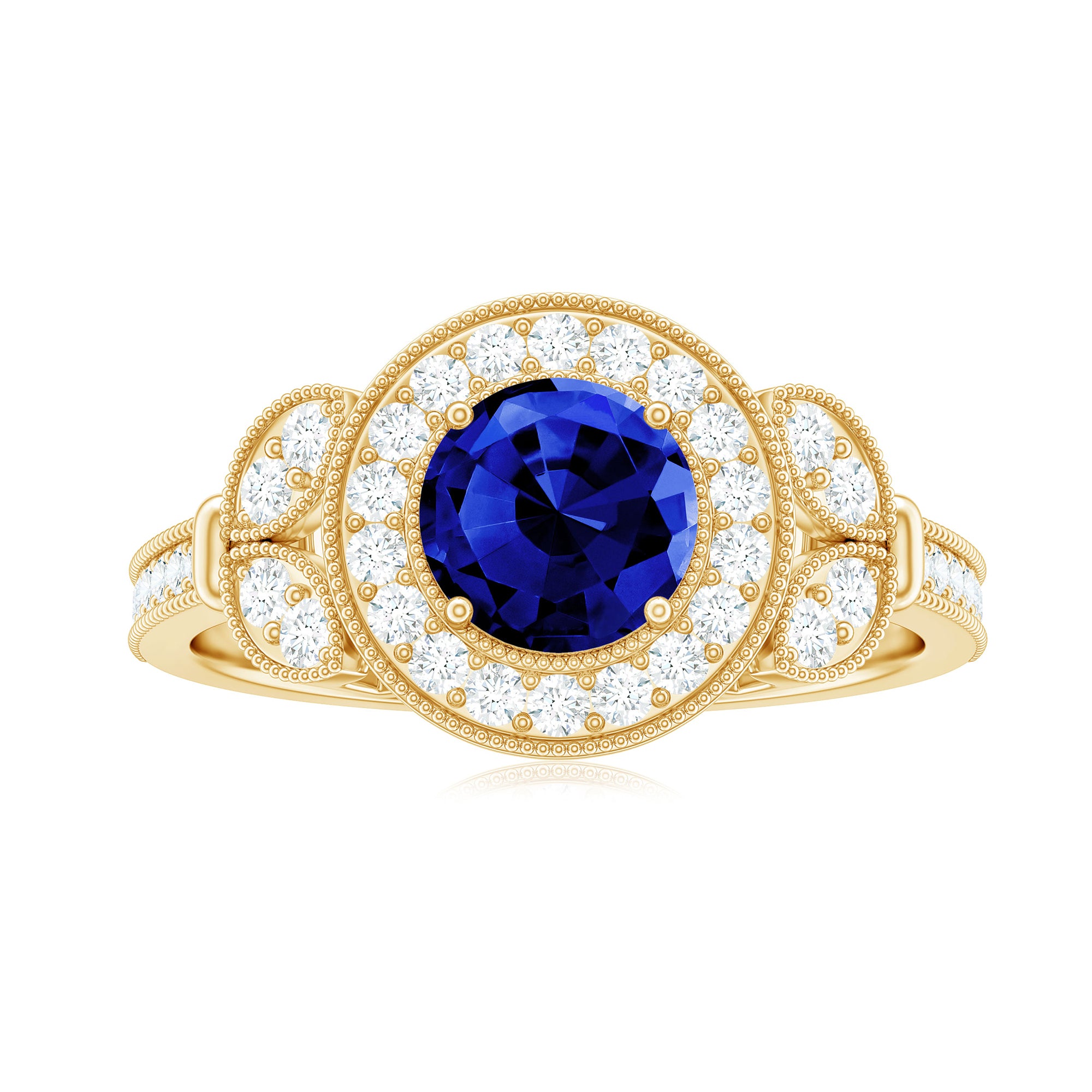 1 Carat Lab Grown Blue Sapphire Engagement Ring with Diamond Floral Halo AAAA - Rosec Jewels