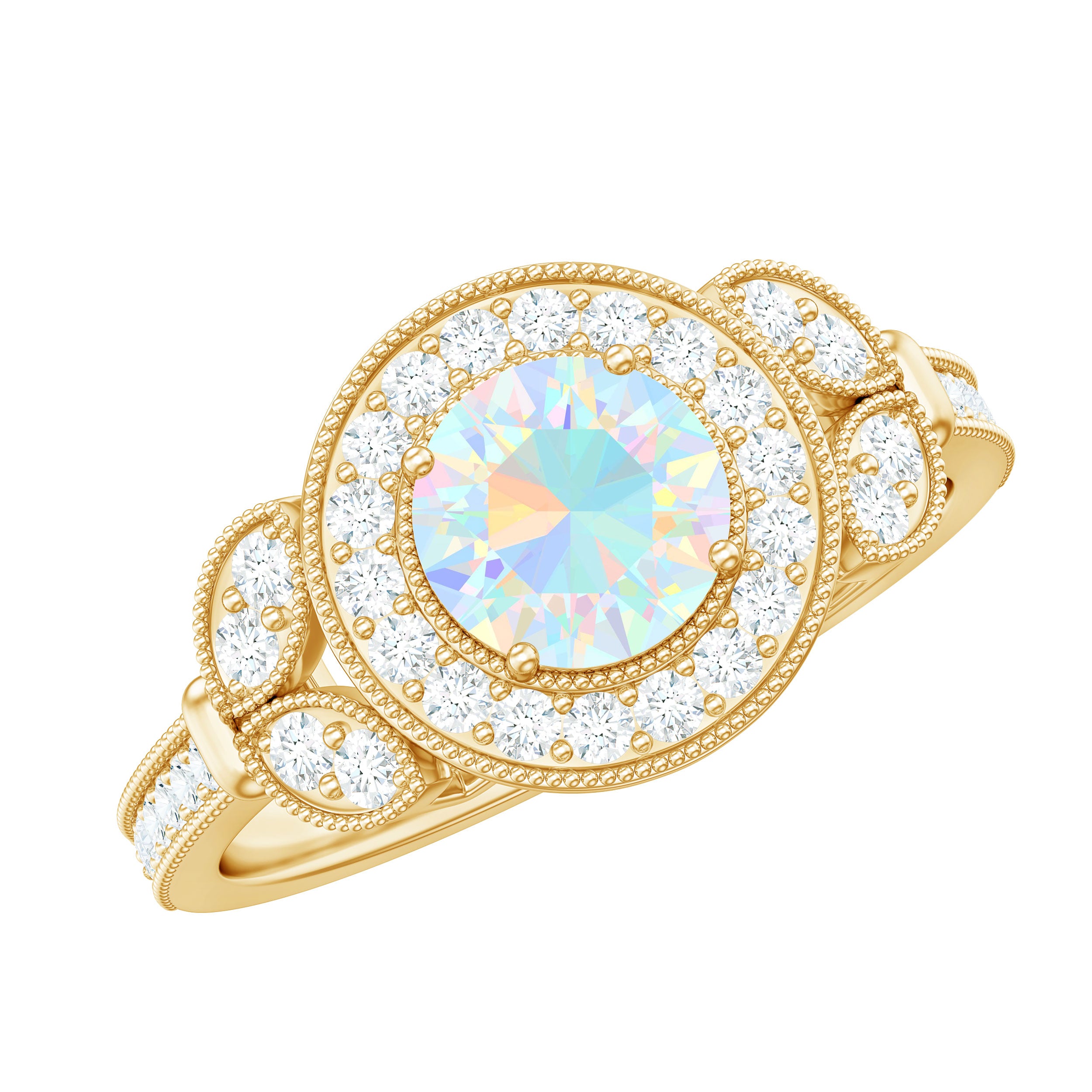 Vintage Inspired Ethiopian Rainbow Opal Engagement Ring with Diamond Halo AAA - Rosec Jewels