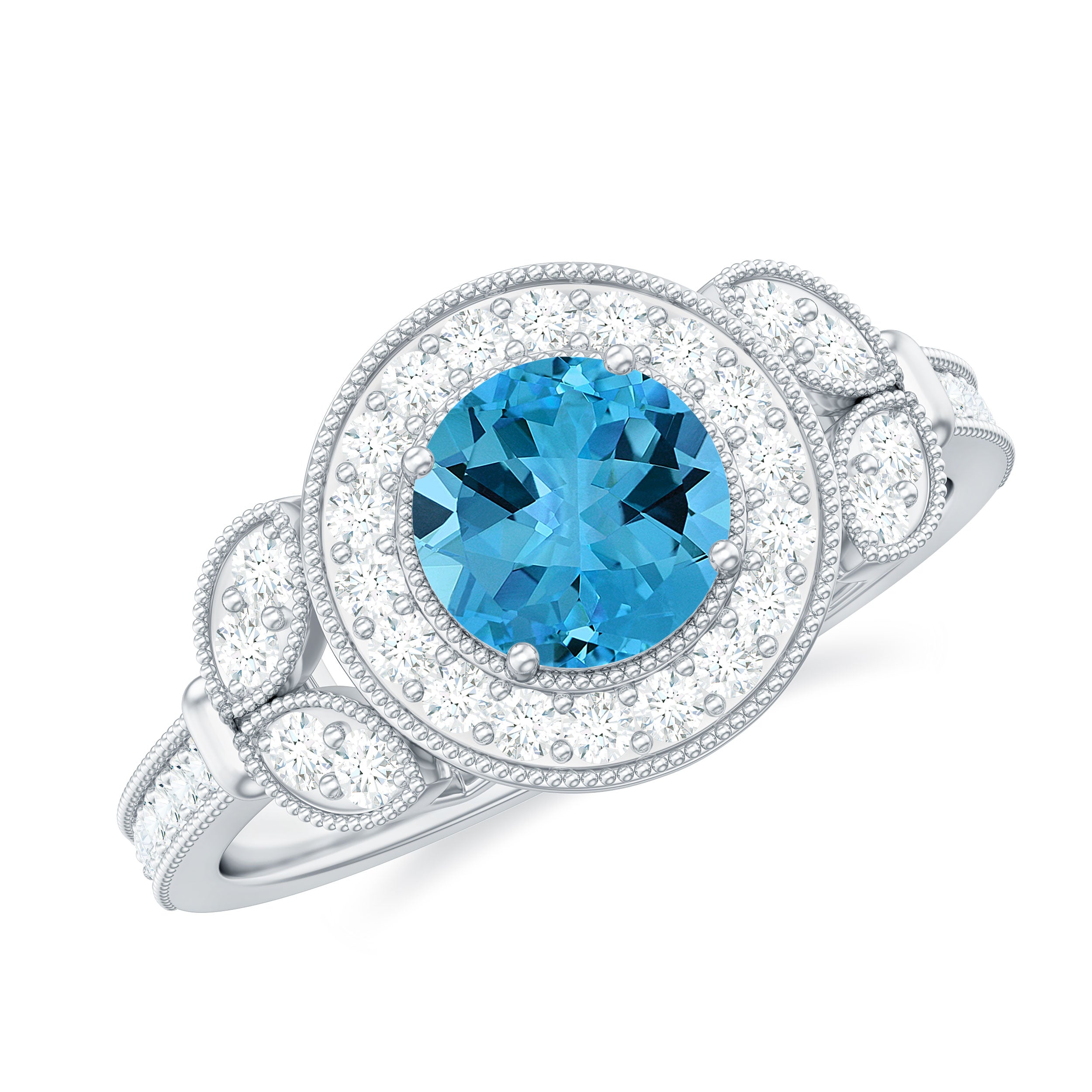 Vintage Inspired Swiss Blue Topaz and Diamond Engagement Ring