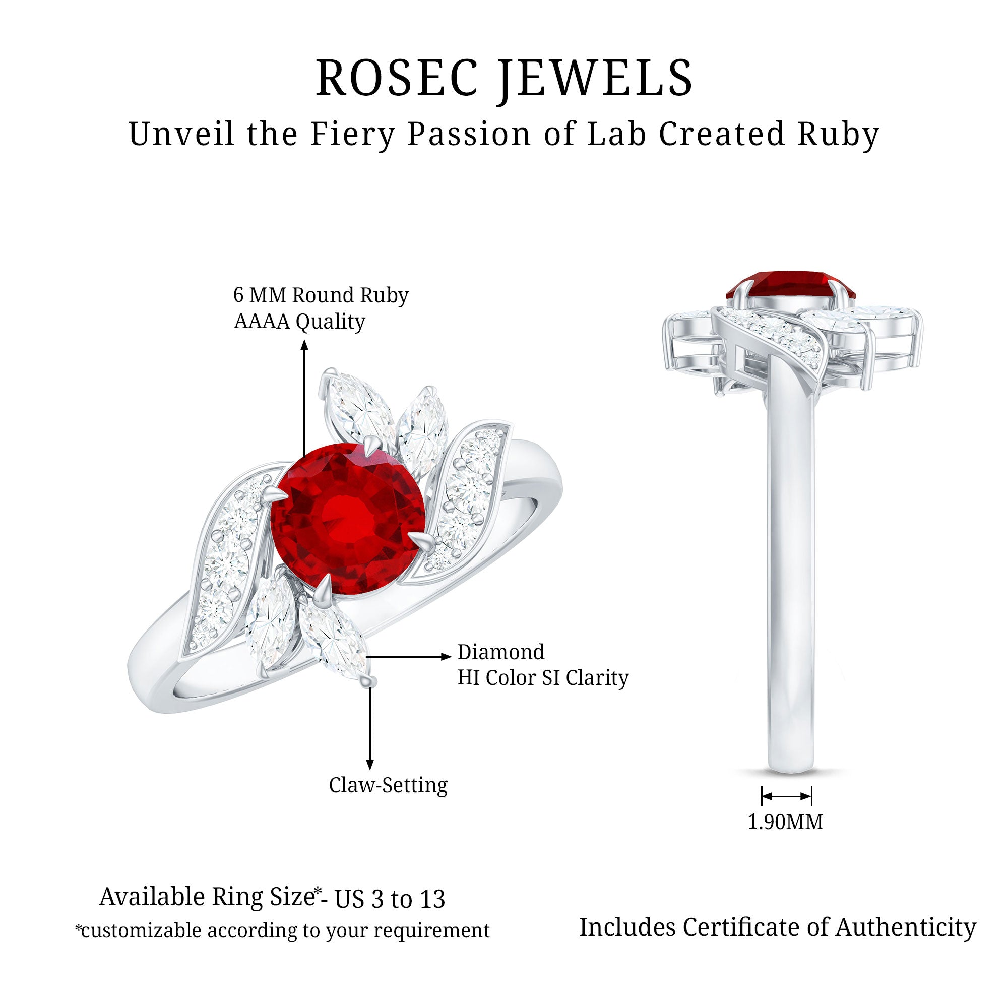 Certified Lab Grown Ruby and Diamond Flower Engagement Ring AAAA - Rosec Jewels