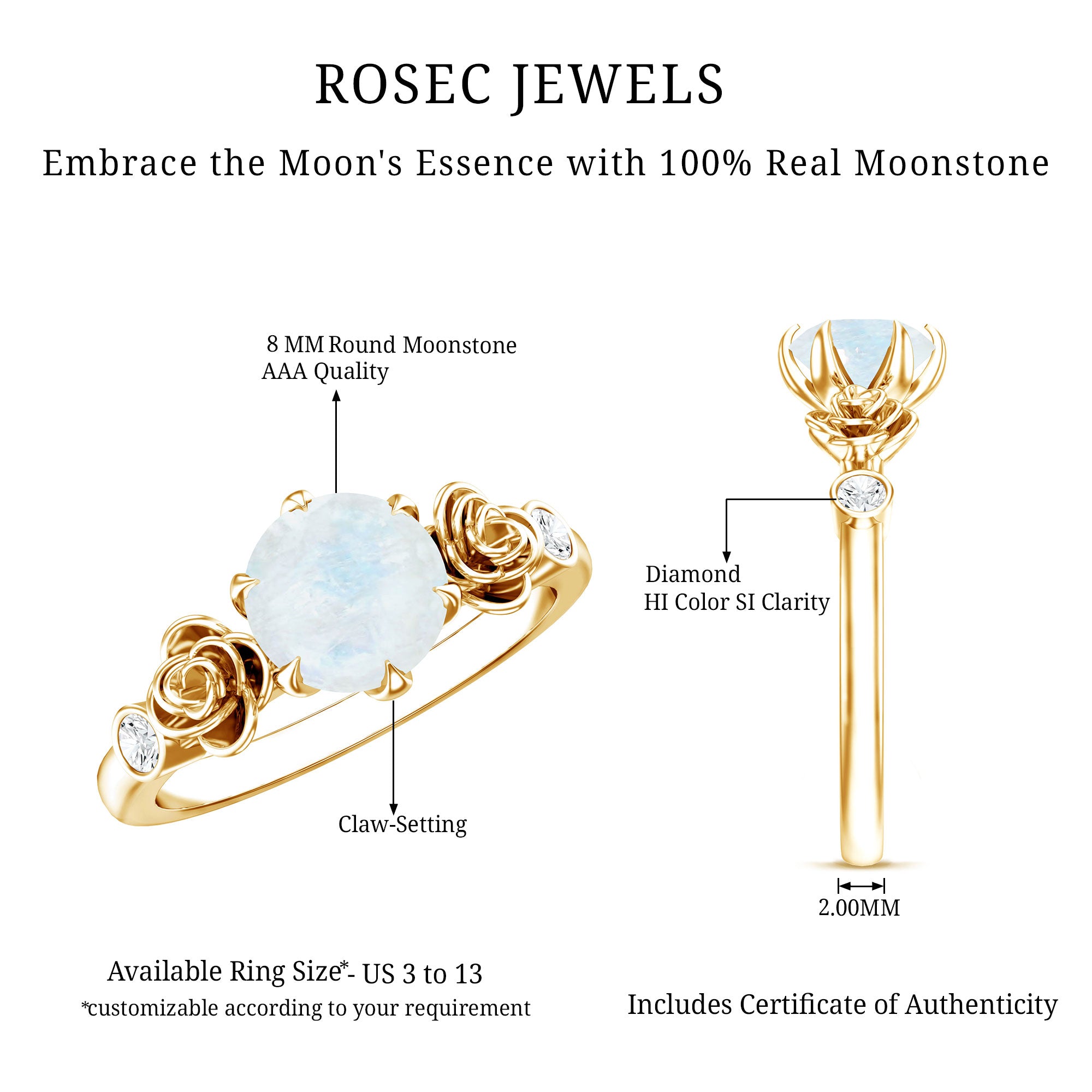 Claw Set Solitaire Moonstone Flower Ring with Diamond AAA - Rosec Jewels