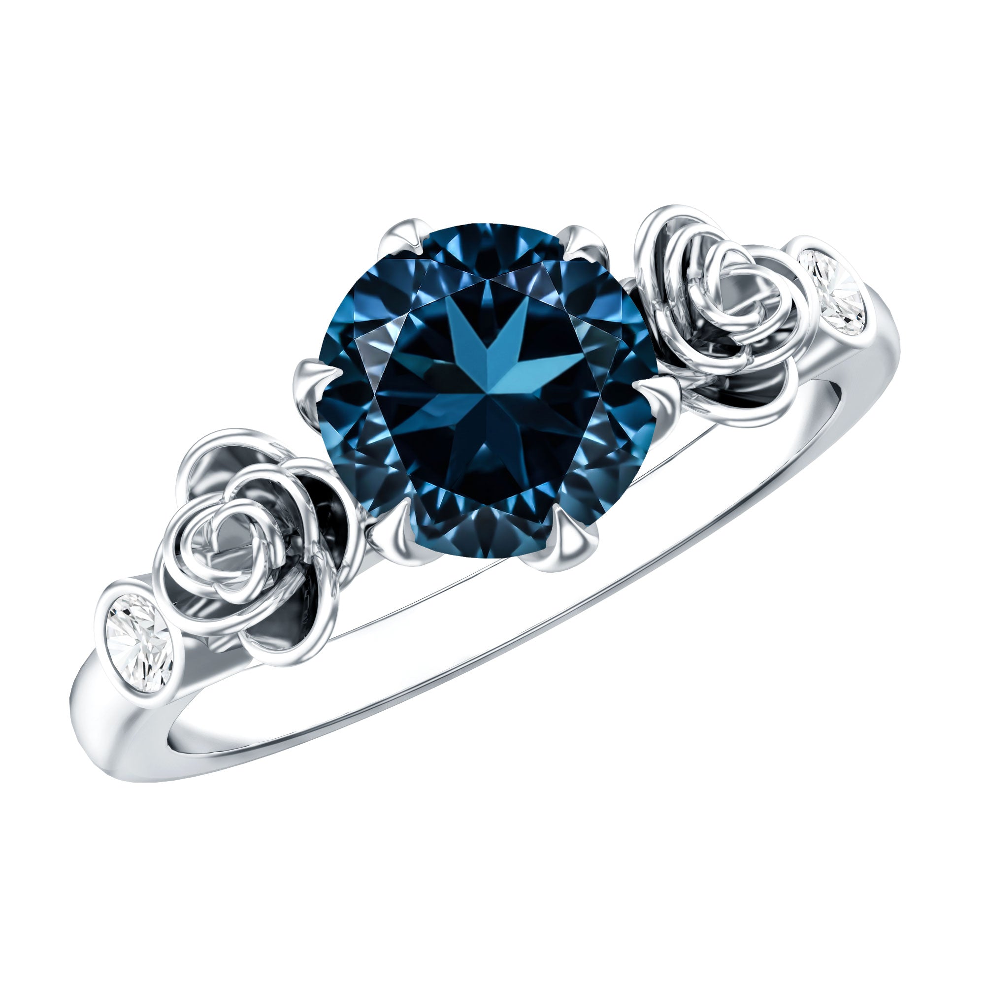 Round London Blue Topaz Rose Engagement Ring with Diamond AAA - Rosec Jewels