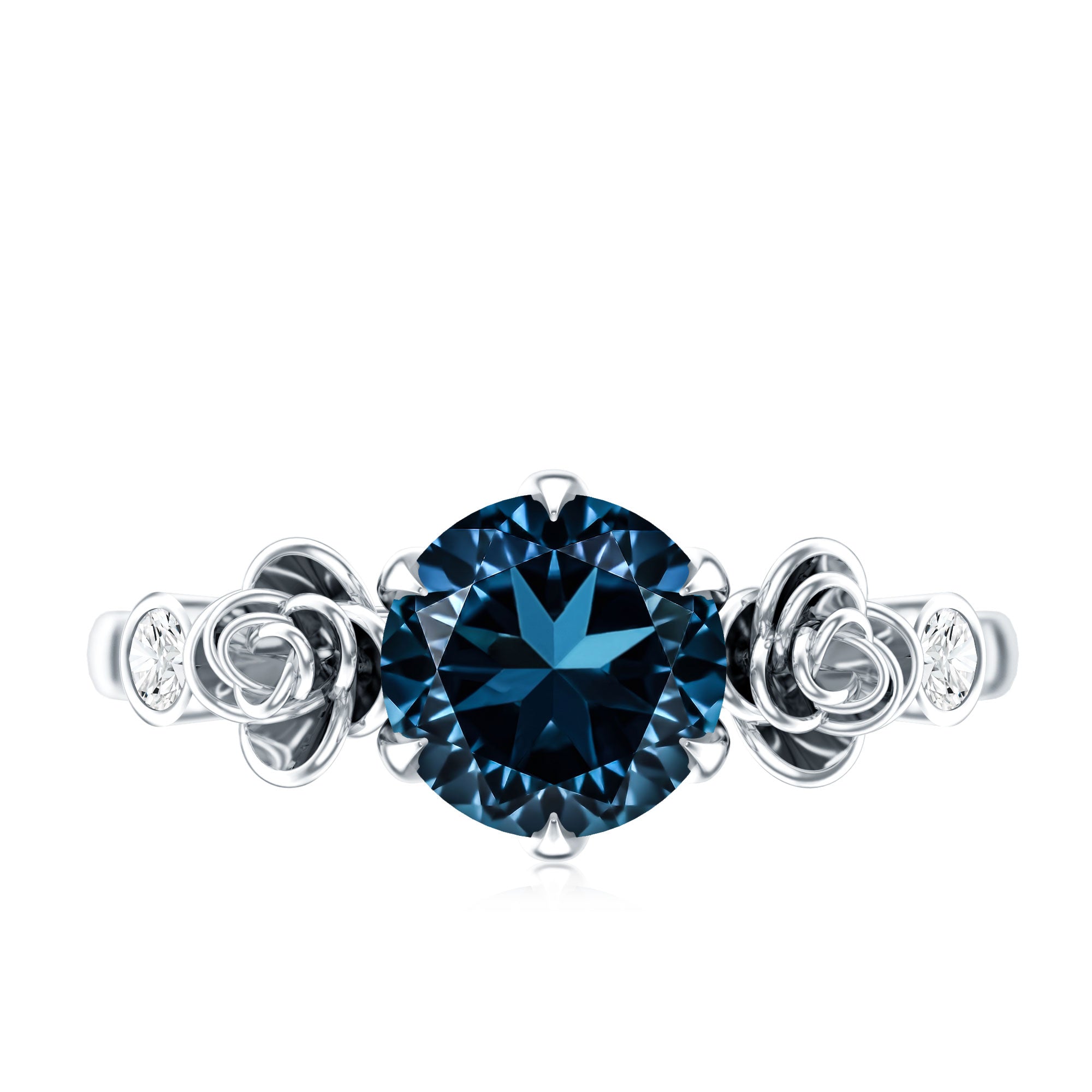 Round London Blue Topaz Rose Engagement Ring with Diamond AAA - Rosec Jewels