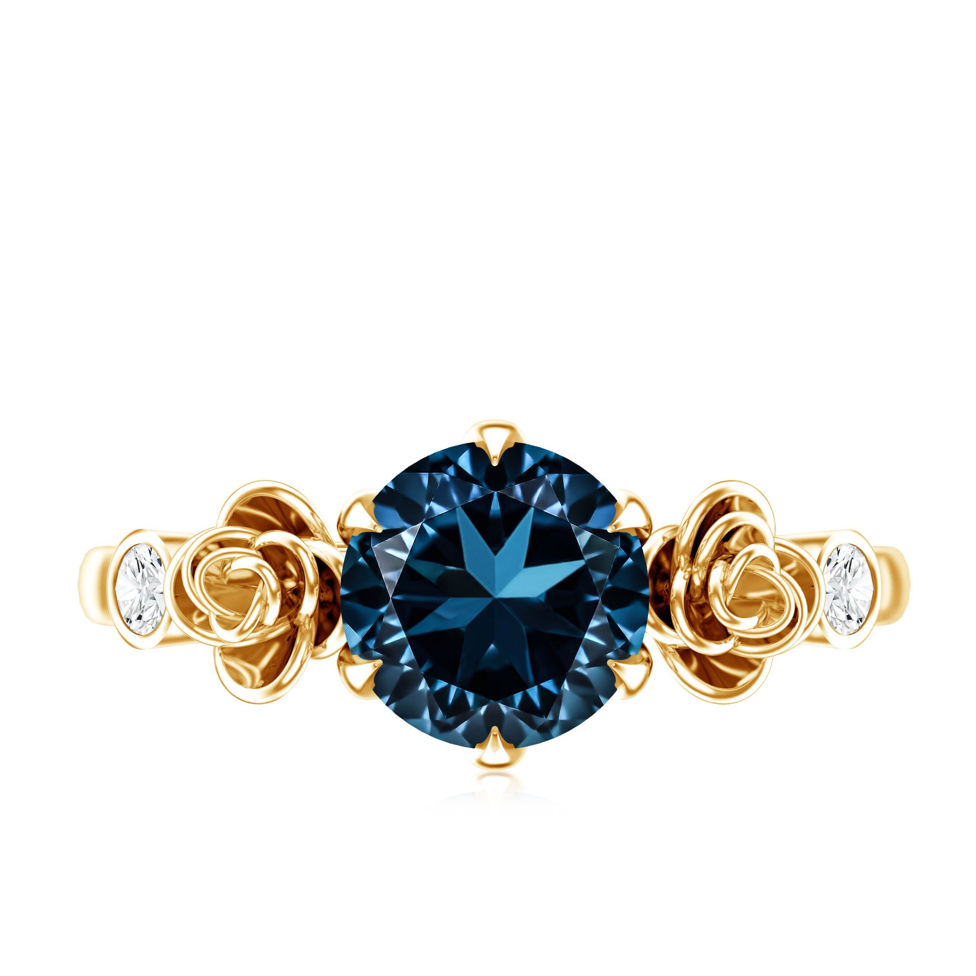 Round London Blue Topaz Rose Engagement Ring with Diamond AAA - Rosec Jewels