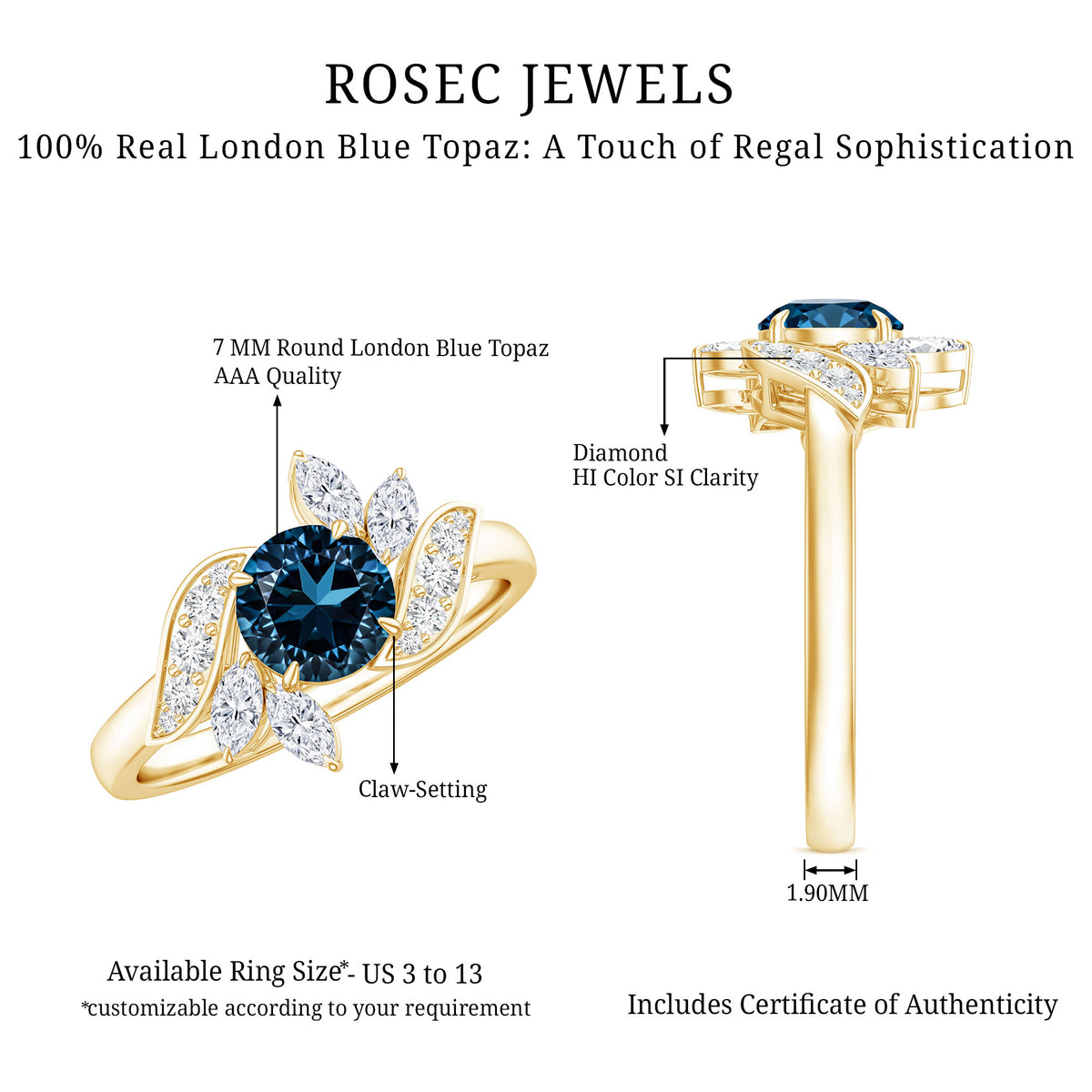 London Blue Topaz and Diamond Flower Engagement Ring AAA - Rosec Jewels