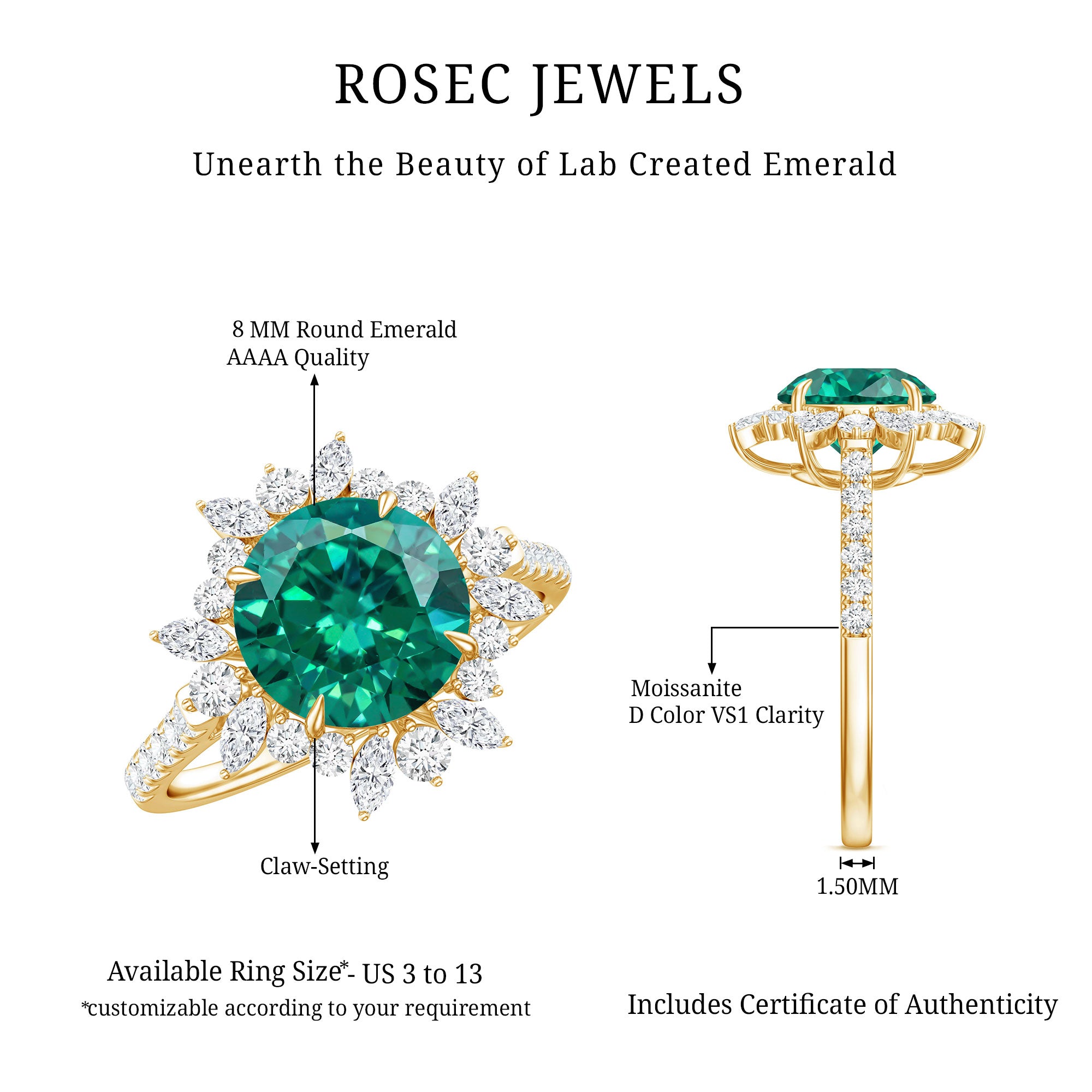 Certified 8 mm Lab Grown Emerald Cocktail Ring with Halo AAAA - Rosec Jewels