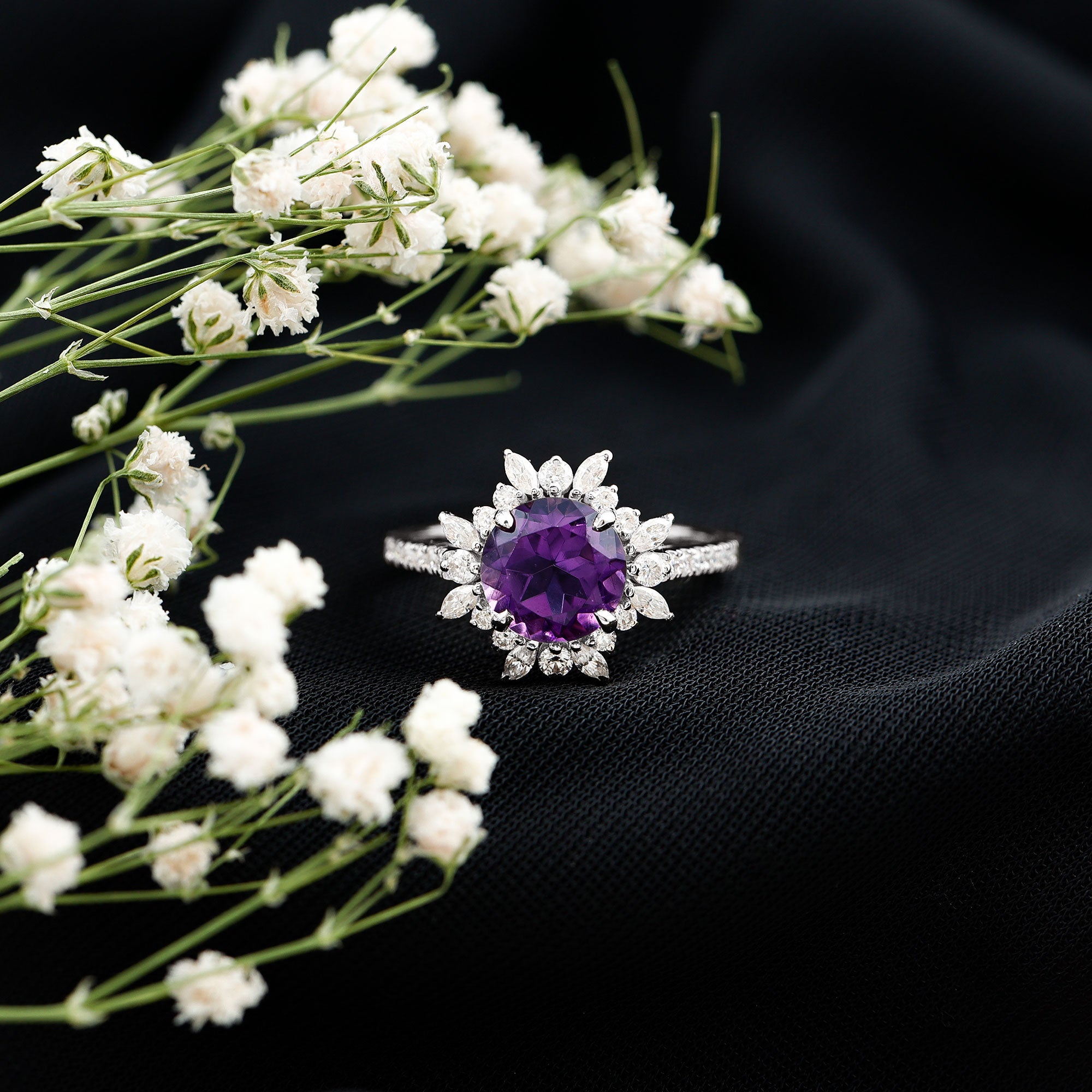 Natural 2 Carat Amethyst Statement Engagement Ring with Moissanite Halo AAA - Rosec Jewels
