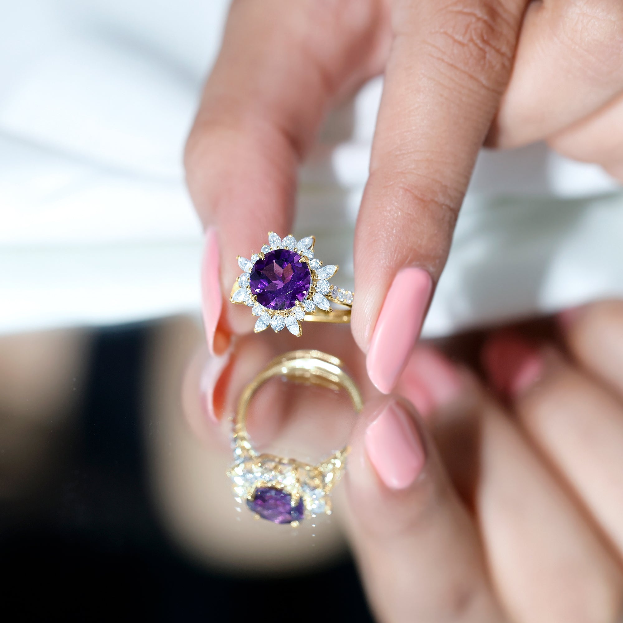 Rosec Jewels-Natural 2 Carat Amethyst Statement Engagement Ring with Moissanite Halo