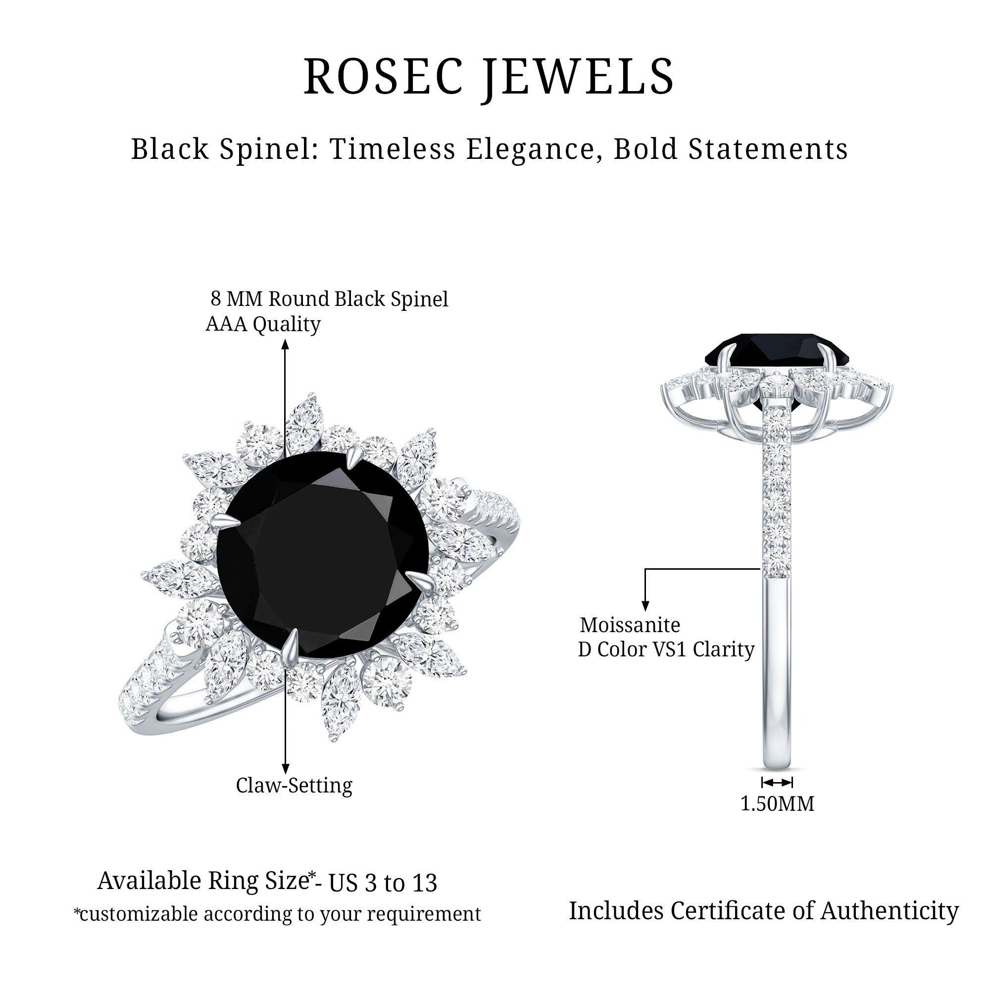 Real Black Spinel Engagement Ring with Moissanite Halo AAA - Rosec Jewels