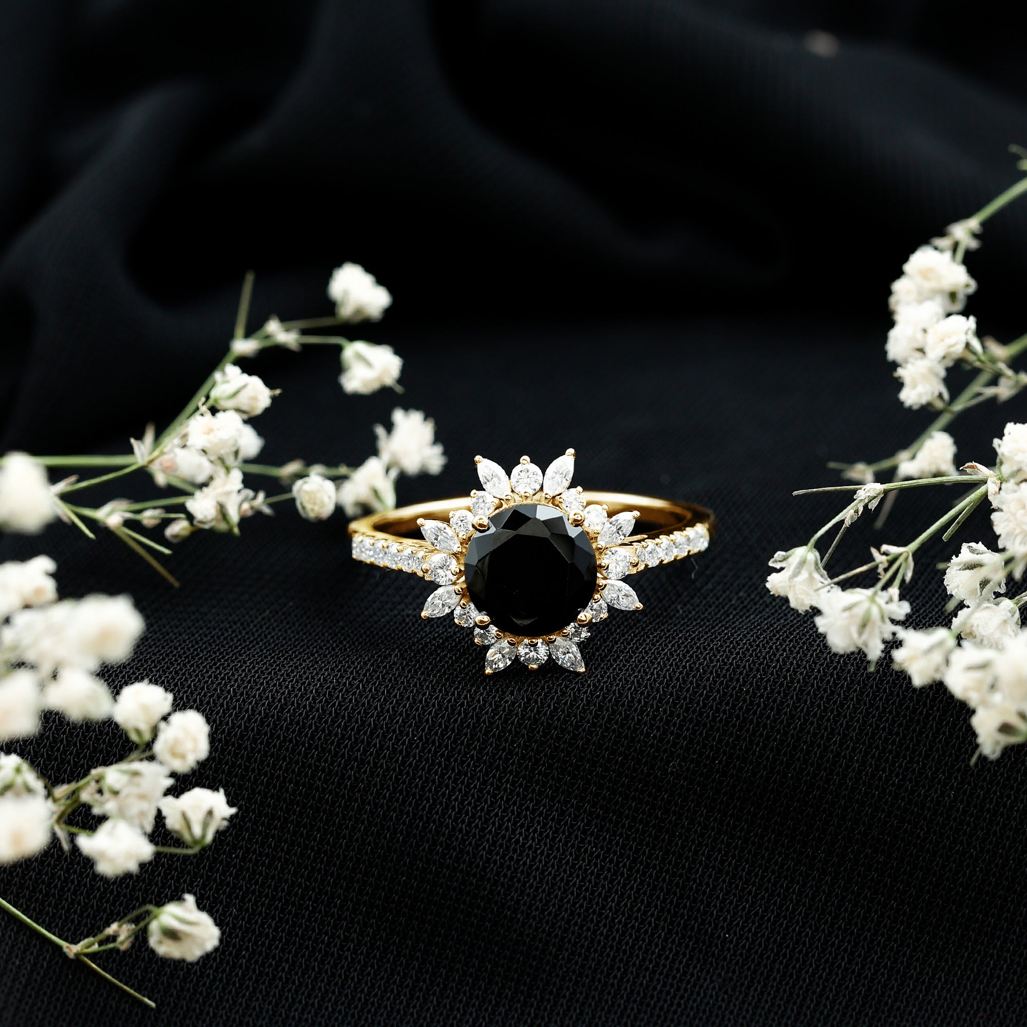 Certified Black Onyx and Moissanite Statement Engagement Ring AAA - Rosec Jewels