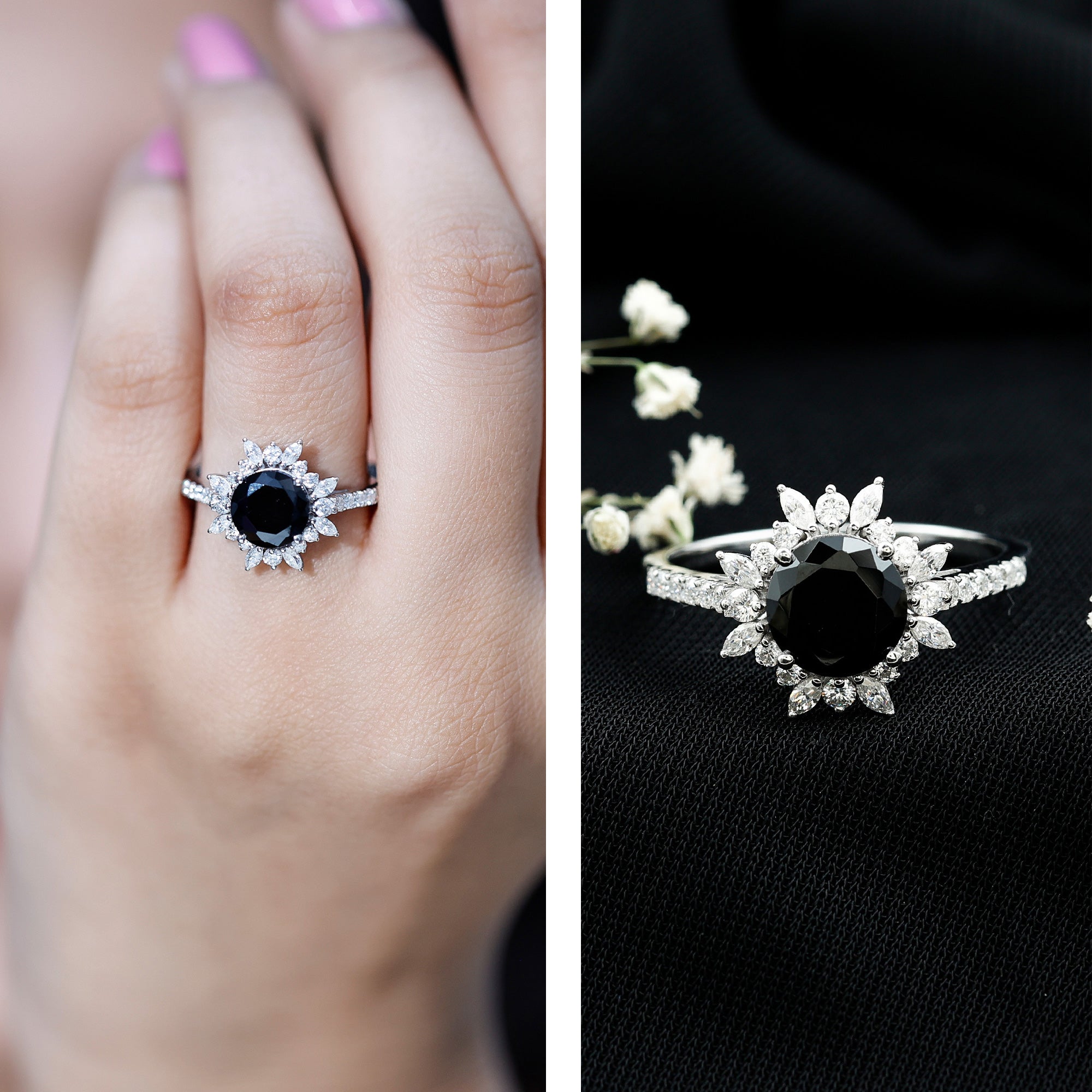 Certified 2 Carat Lab Grown Black Diamond Halo Engagement Ring For Women AAAA ( Synthetic ) - Rosec Jewels