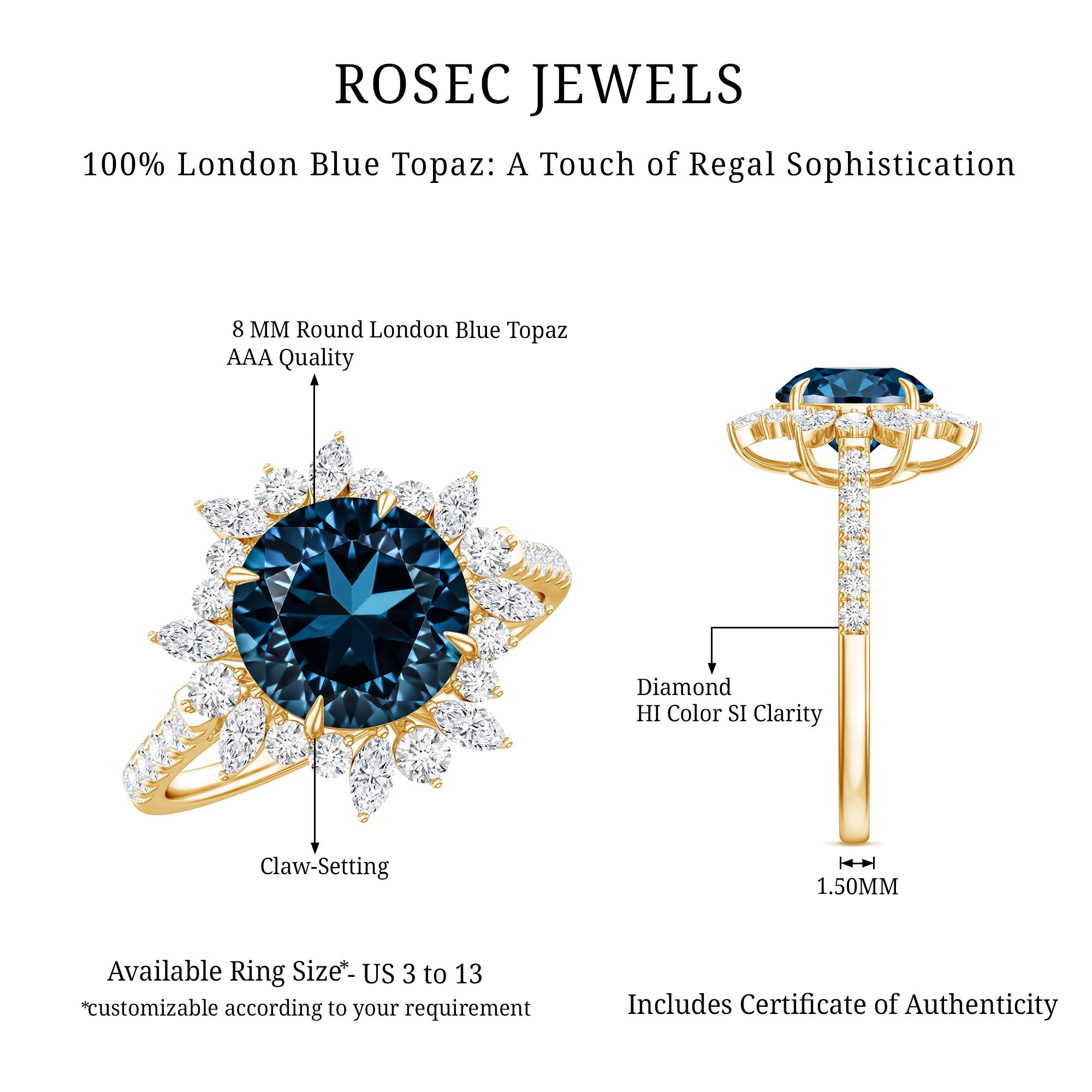 Certified London Blue Topaz and Diamond Statement Engagement Ring AAA - Rosec Jewels