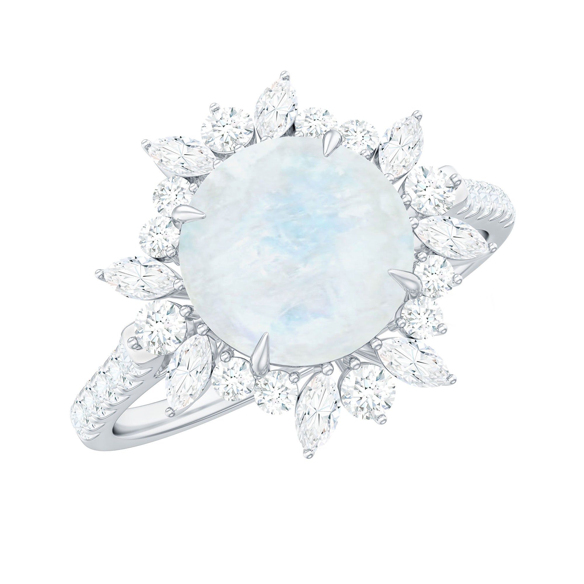 Round Moonstone Statement Ring with Moissanite Floral Halo AAA - Rosec Jewels