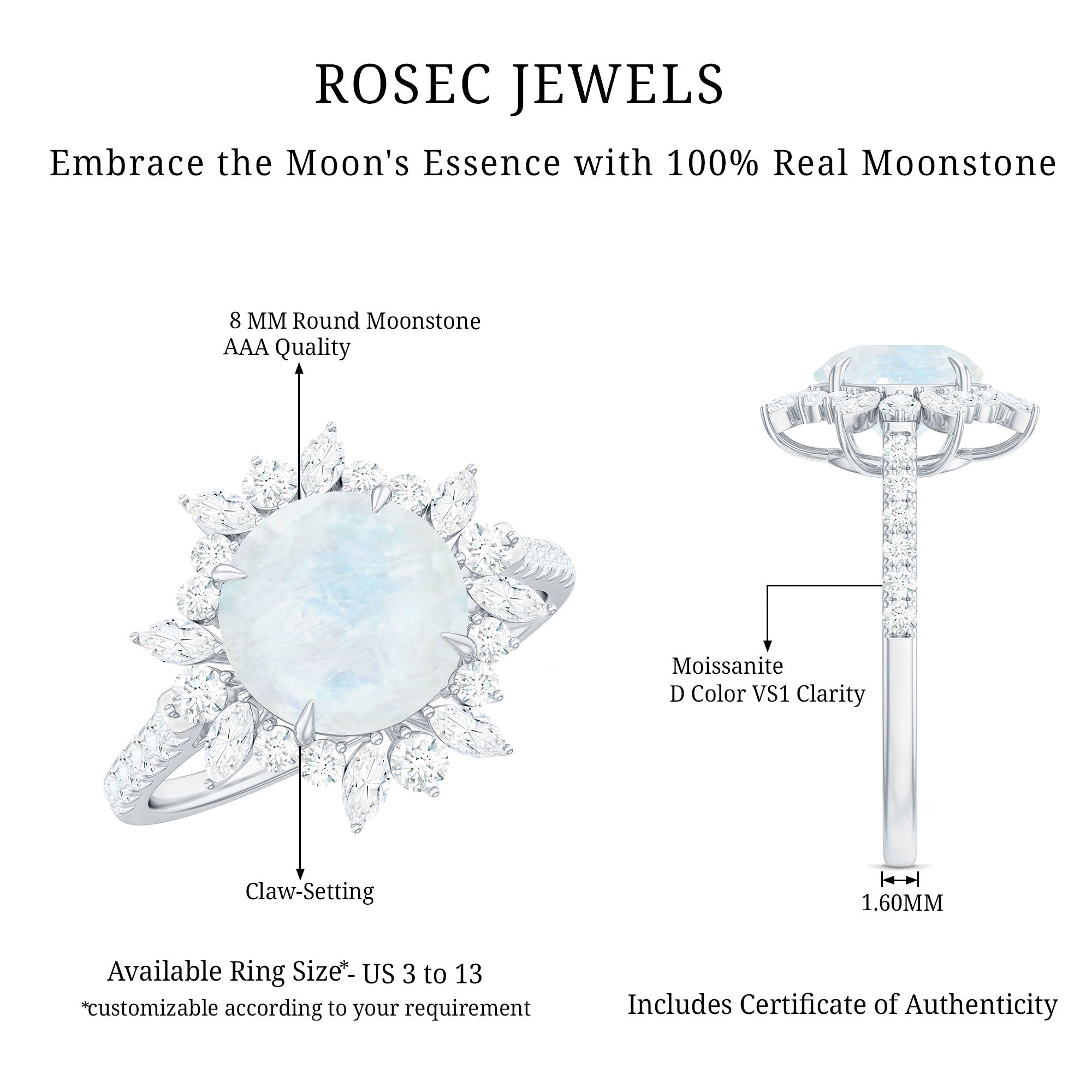 Round Moonstone Statement Ring with Moissanite Floral Halo AAA - Rosec Jewels