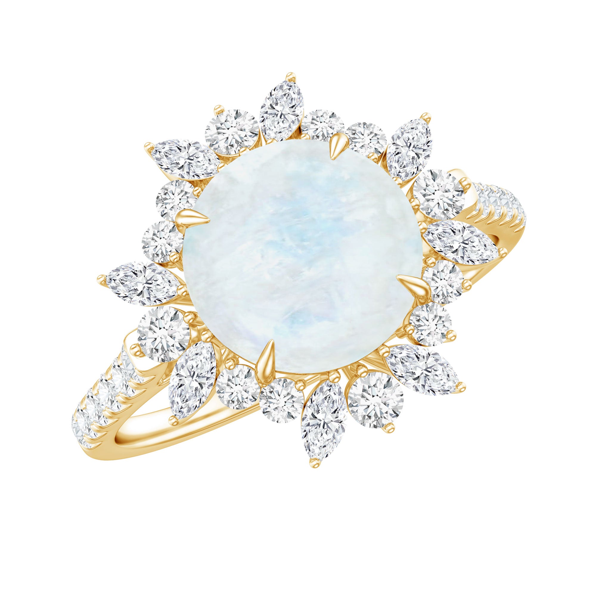 Round Moonstone Statement Ring with Moissanite Floral Halo AAA - Rosec Jewels