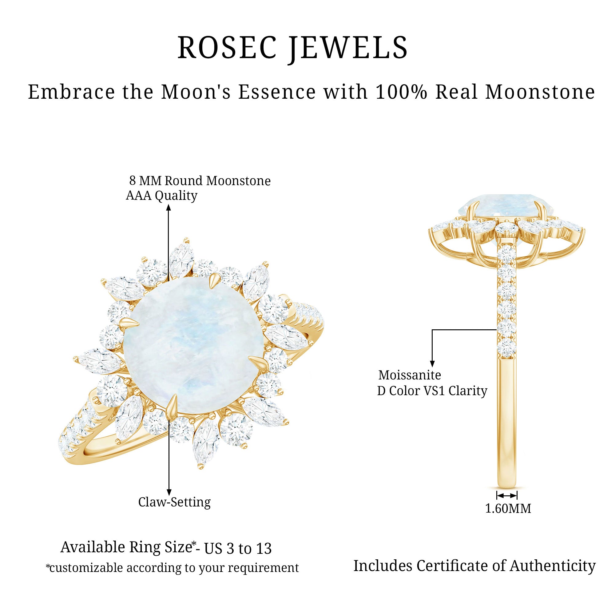 Round Moonstone Statement Ring with Moissanite Floral Halo AAA - Rosec Jewels